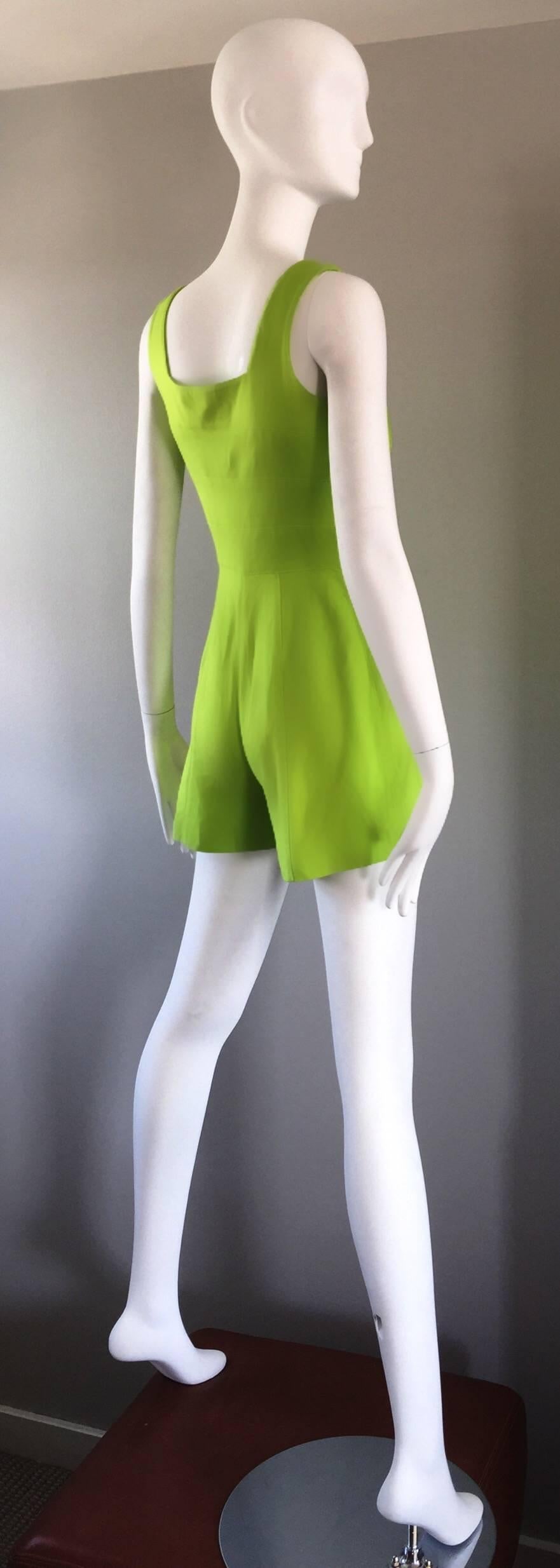 Women's Rare Vintage Claude Montana Neon Green Linen + Cotton Romper Jumpsuit Onesie  For Sale