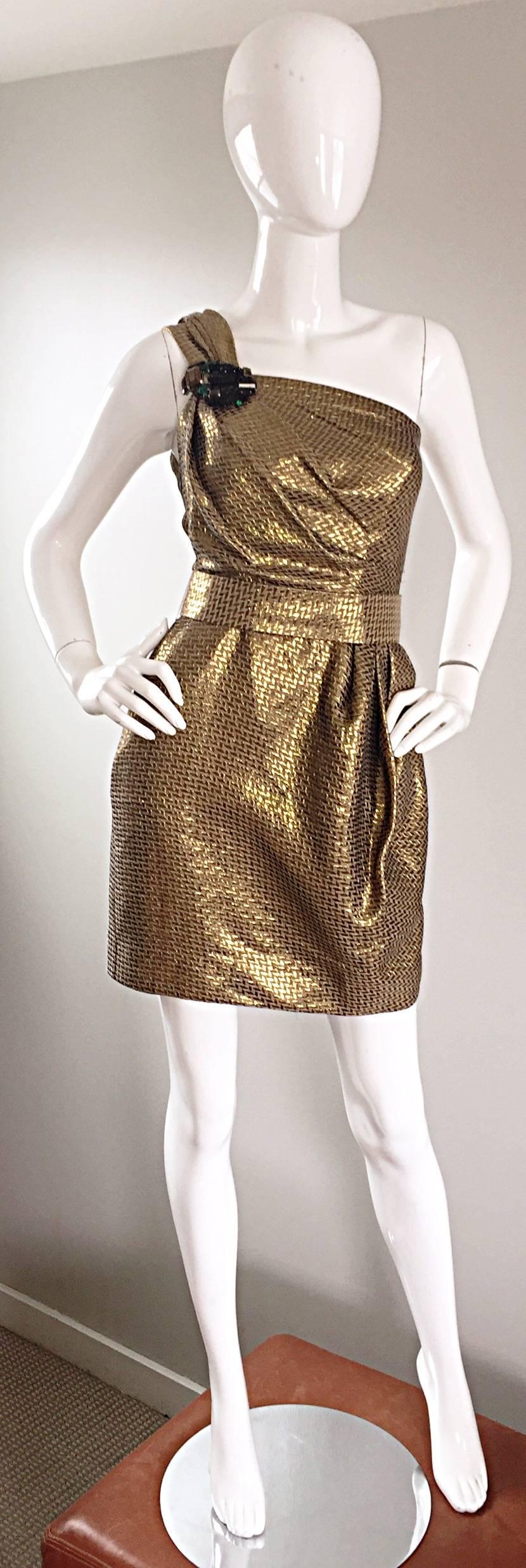 Stunning golden bronze one shoulder jeweled belted Grecian cocktail mini dress by British designer, MATTHEW WILLIAMSON! So much detail went into the construction of this go lend metallic jacquard beauty! Textured metallic fabric holds shape