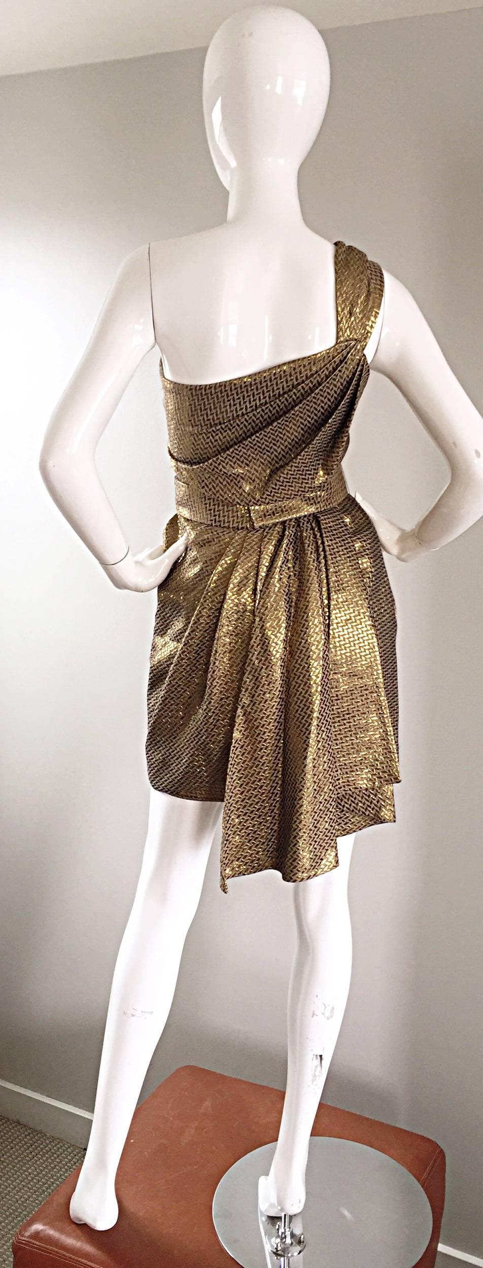 Brown Matthew Williamson Gold / Bronze Jacquard Jeweled Belted One Shoulder Toga Dress