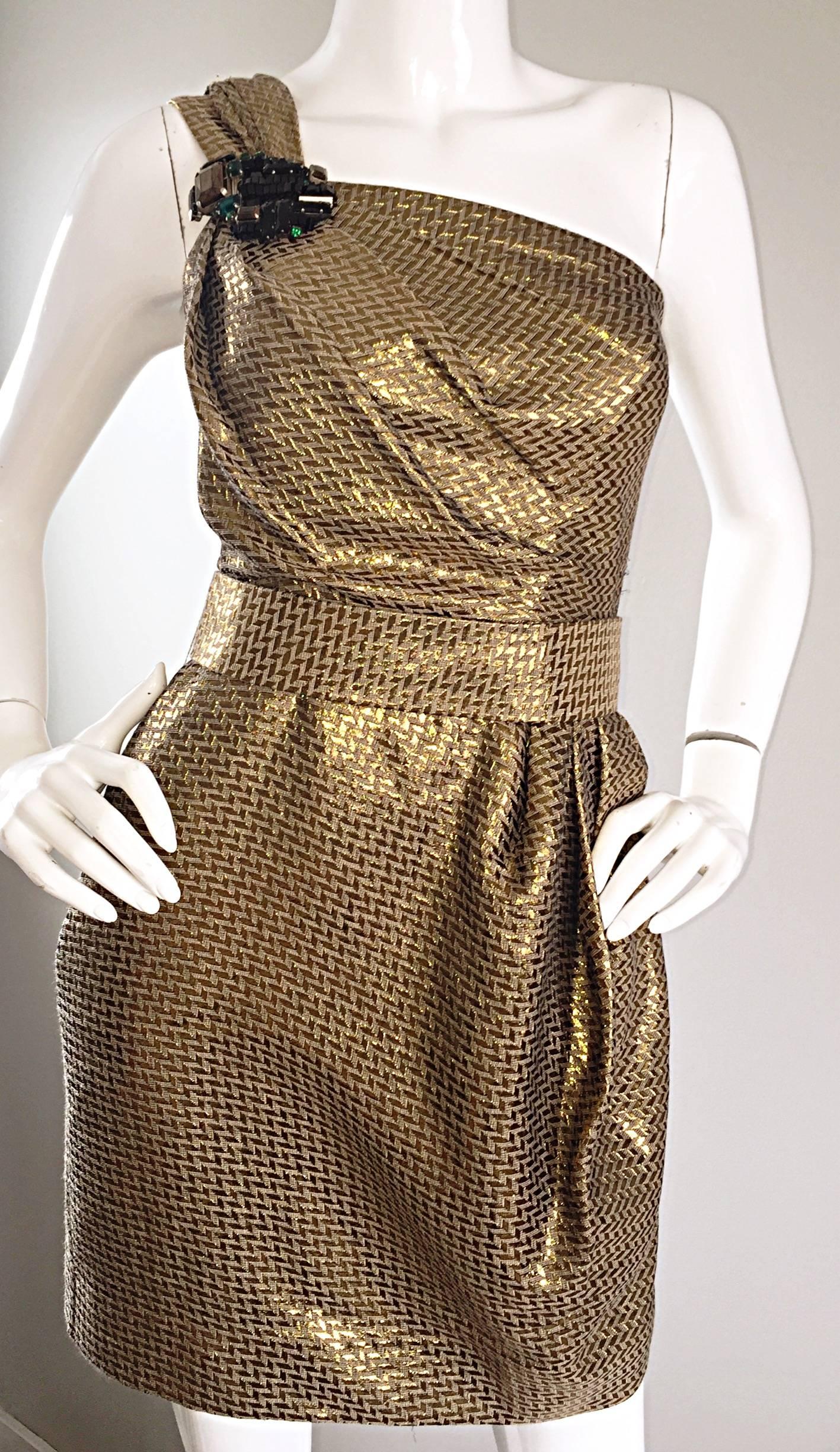 Matthew Williamson Gold / Bronze Jacquard Jeweled Belted One Shoulder Toga Dress In Excellent Condition In San Diego, CA