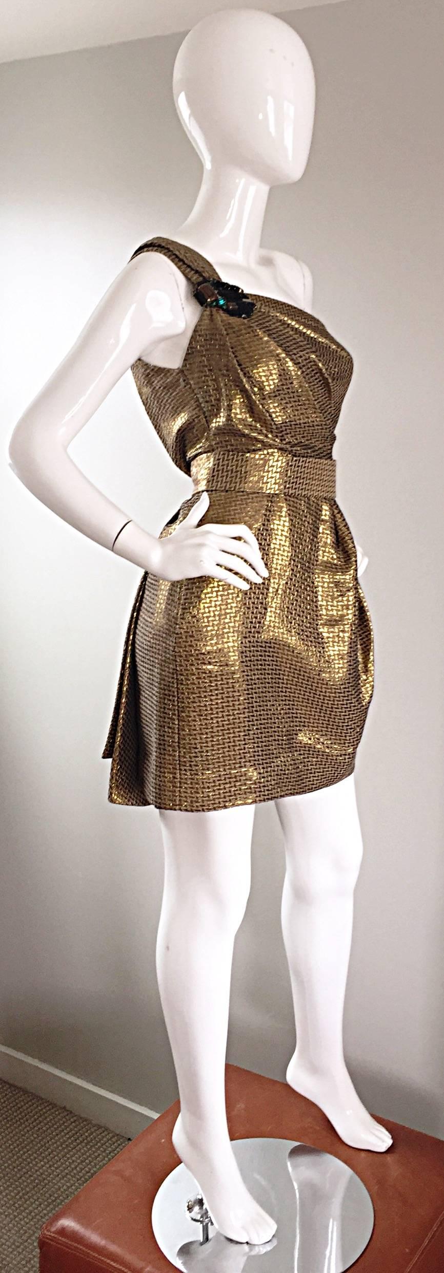 Women's Matthew Williamson Gold / Bronze Jacquard Jeweled Belted One Shoulder Toga Dress