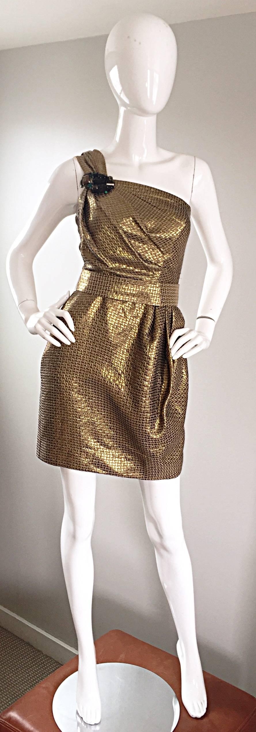 Matthew Williamson Gold / Bronze Jacquard Jeweled Belted One Shoulder Toga Dress 1