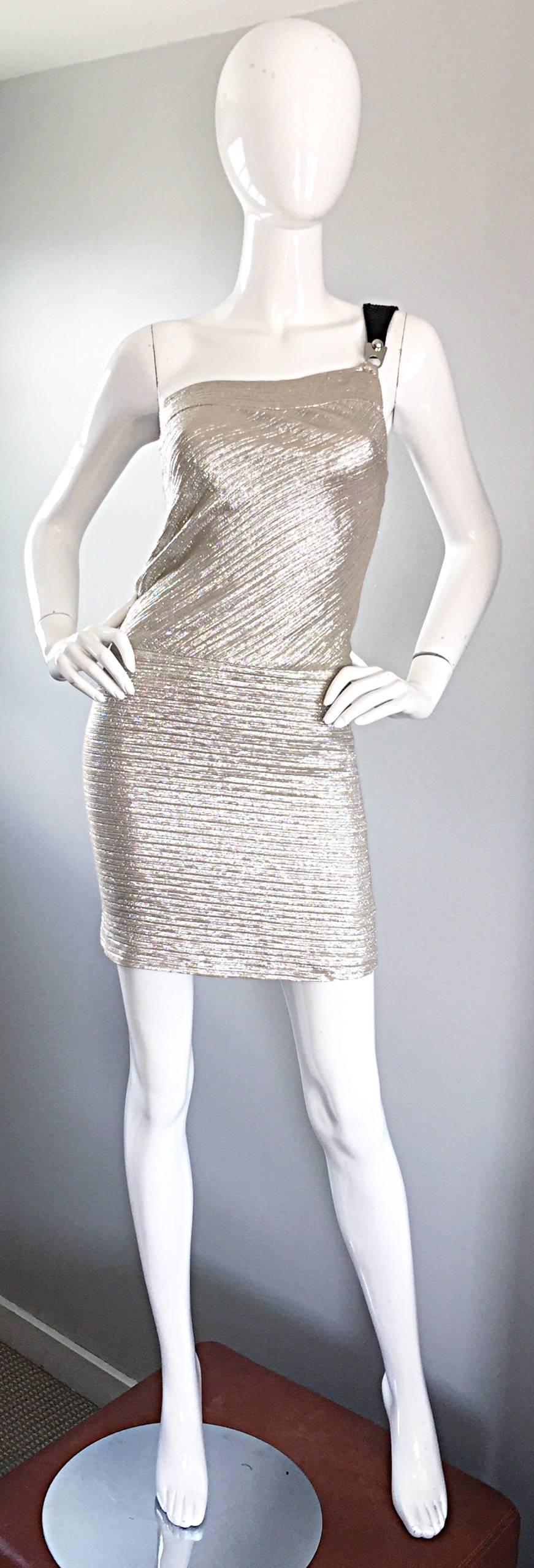 1990s Barbara Bui Silver and Gold One Shoulder Silk + Snakeskin Vintage Dress For Sale 1
