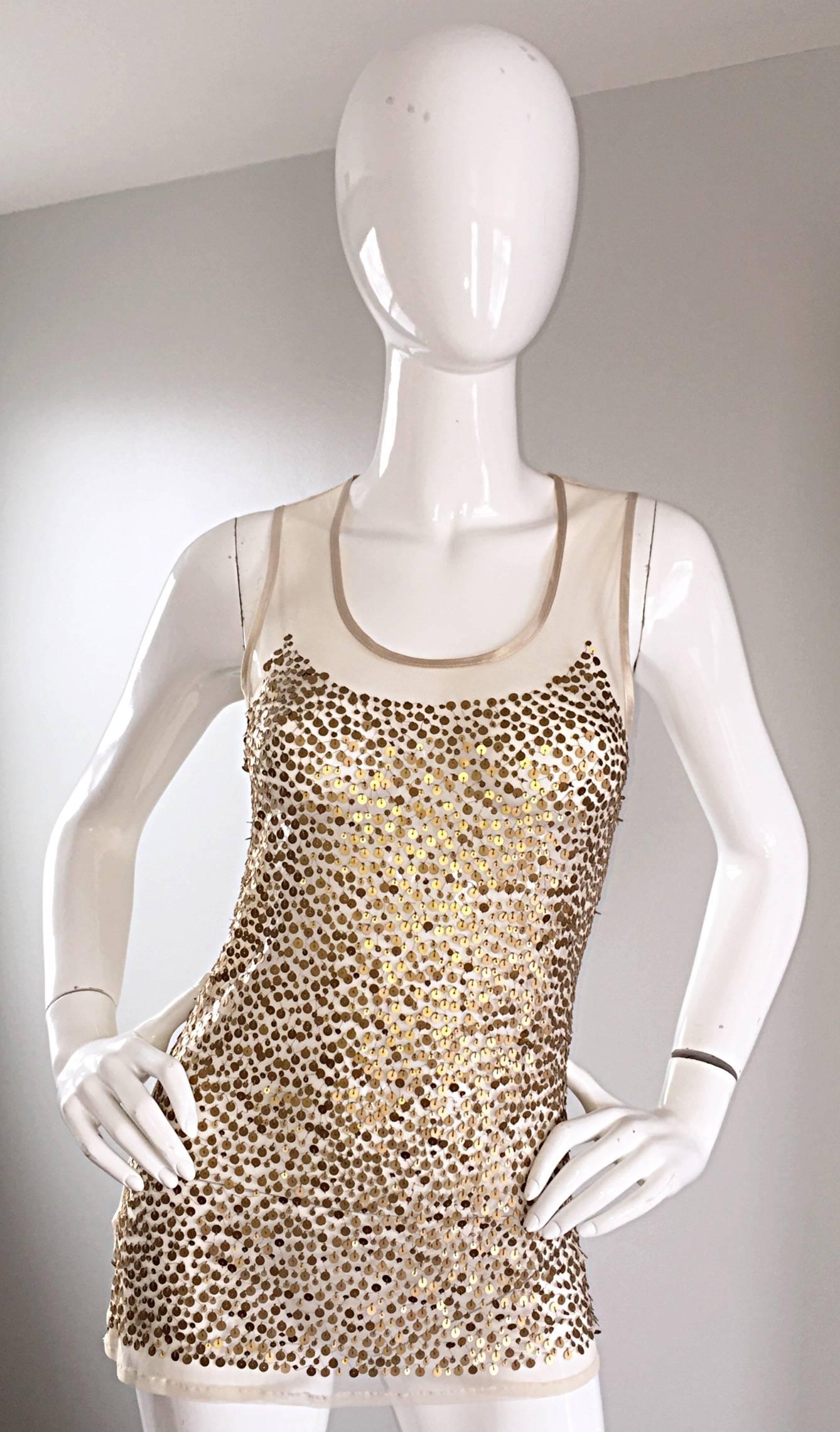 Gorgeous vintage GIANFRANCO FERRE (new with original tags attached) 1990s semi sheer golden bronze sequin tank! Features hundreds of hand-sewn sequins throughout the front bodice that form the illusion of a strapless bustier top. Sexy keyhole at the