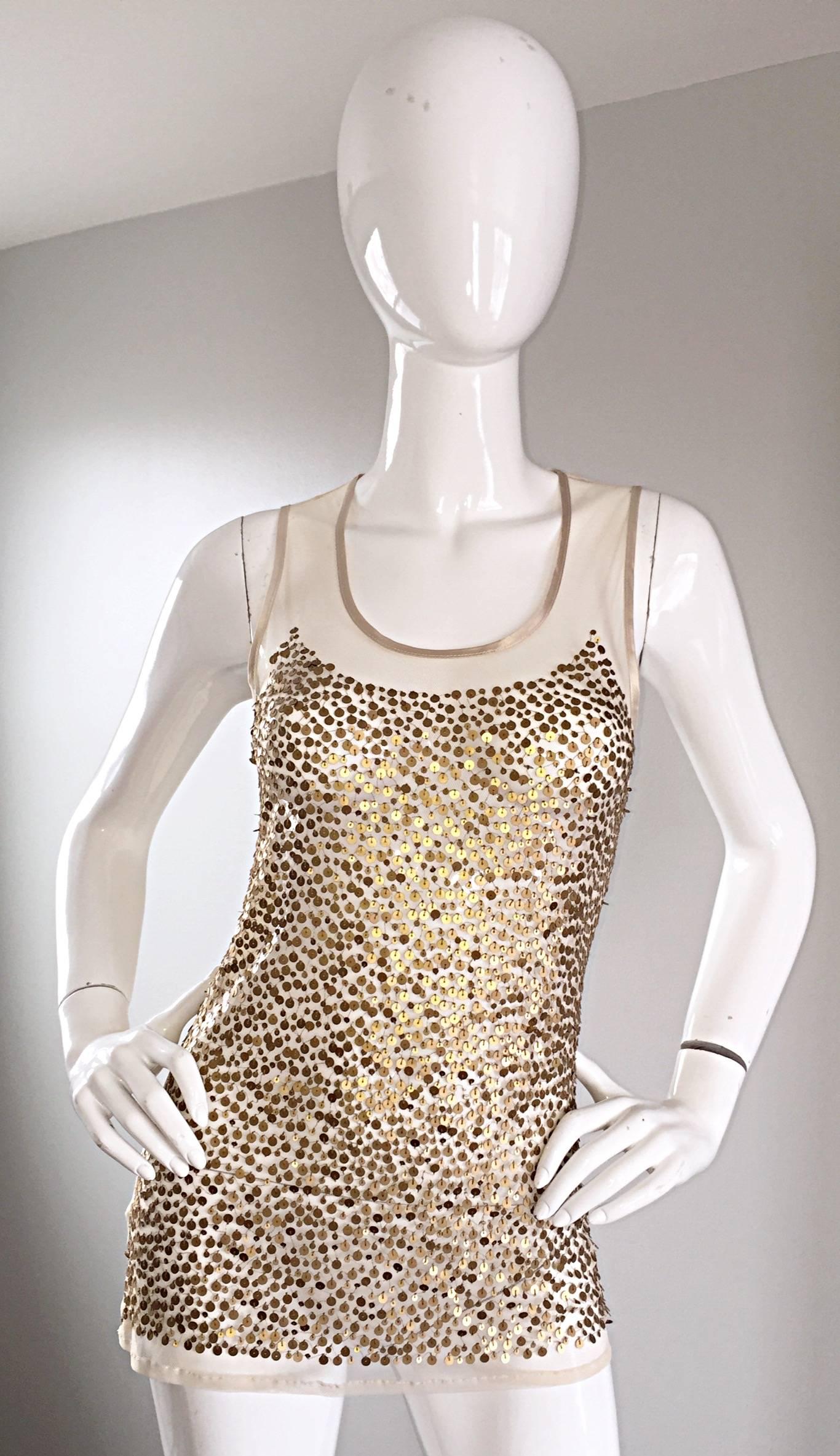 Gianfranco Ferre Vintage 90s Gold / Bronze Sequin Semi Sheer Illusion Blouse Top In New Condition For Sale In San Diego, CA