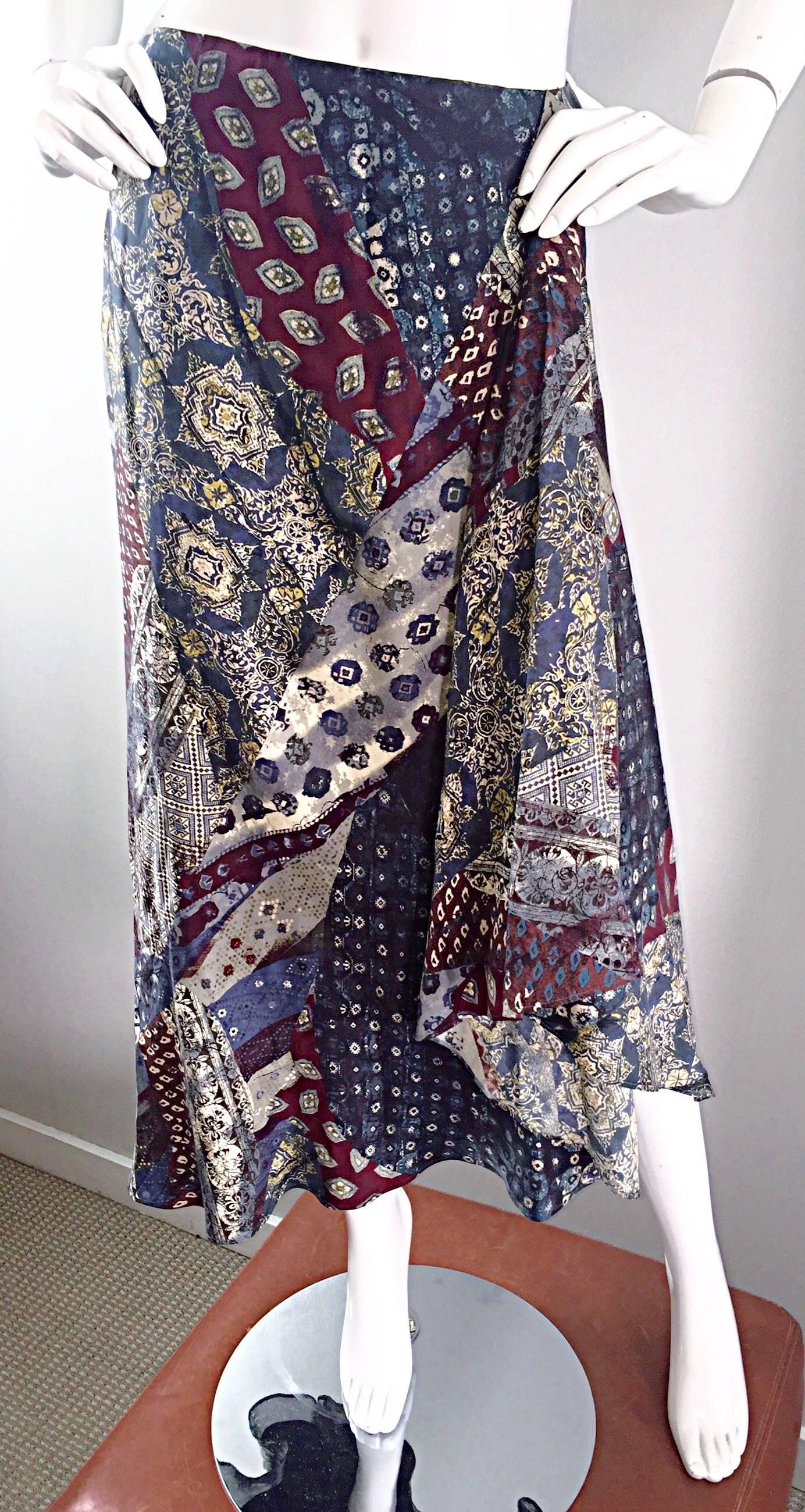 Vintage Kenzo Boho 1970s Asymmetrical French Paisley Printed 70s Silk Skirt 38 1