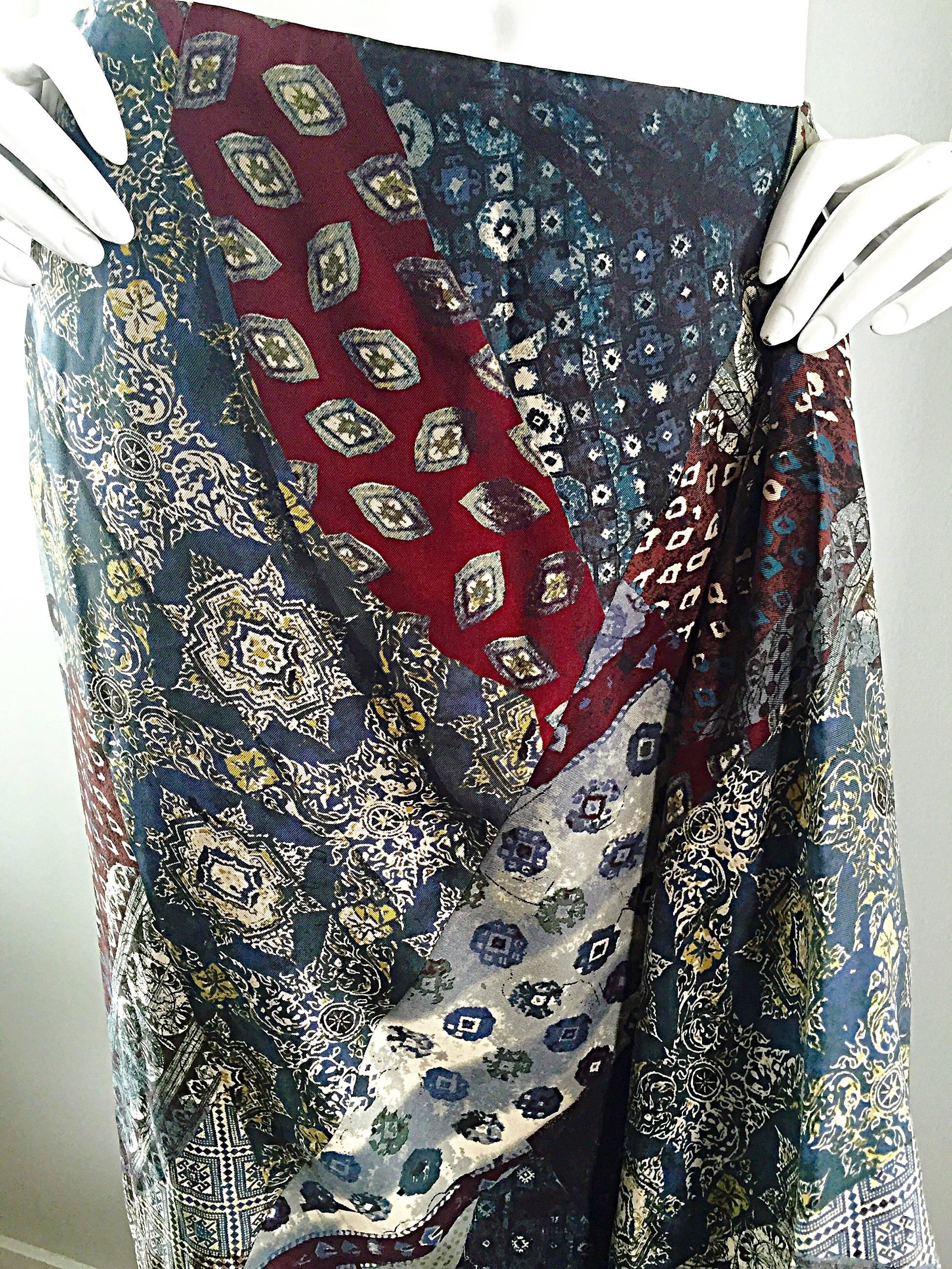 Gray Vintage Kenzo Boho 1970s Asymmetrical French Paisley Printed 70s Silk Skirt 38