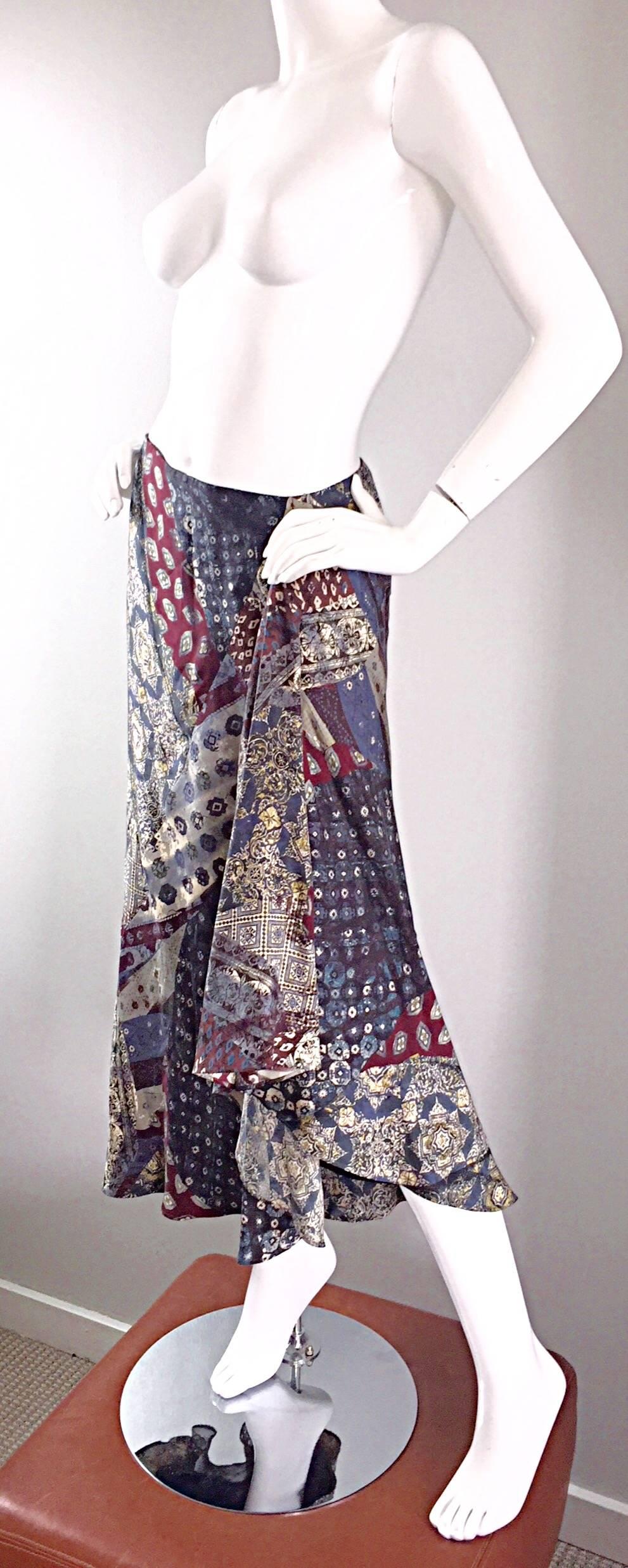 Women's Vintage Kenzo Boho 1970s Asymmetrical French Paisley Printed 70s Silk Skirt 38