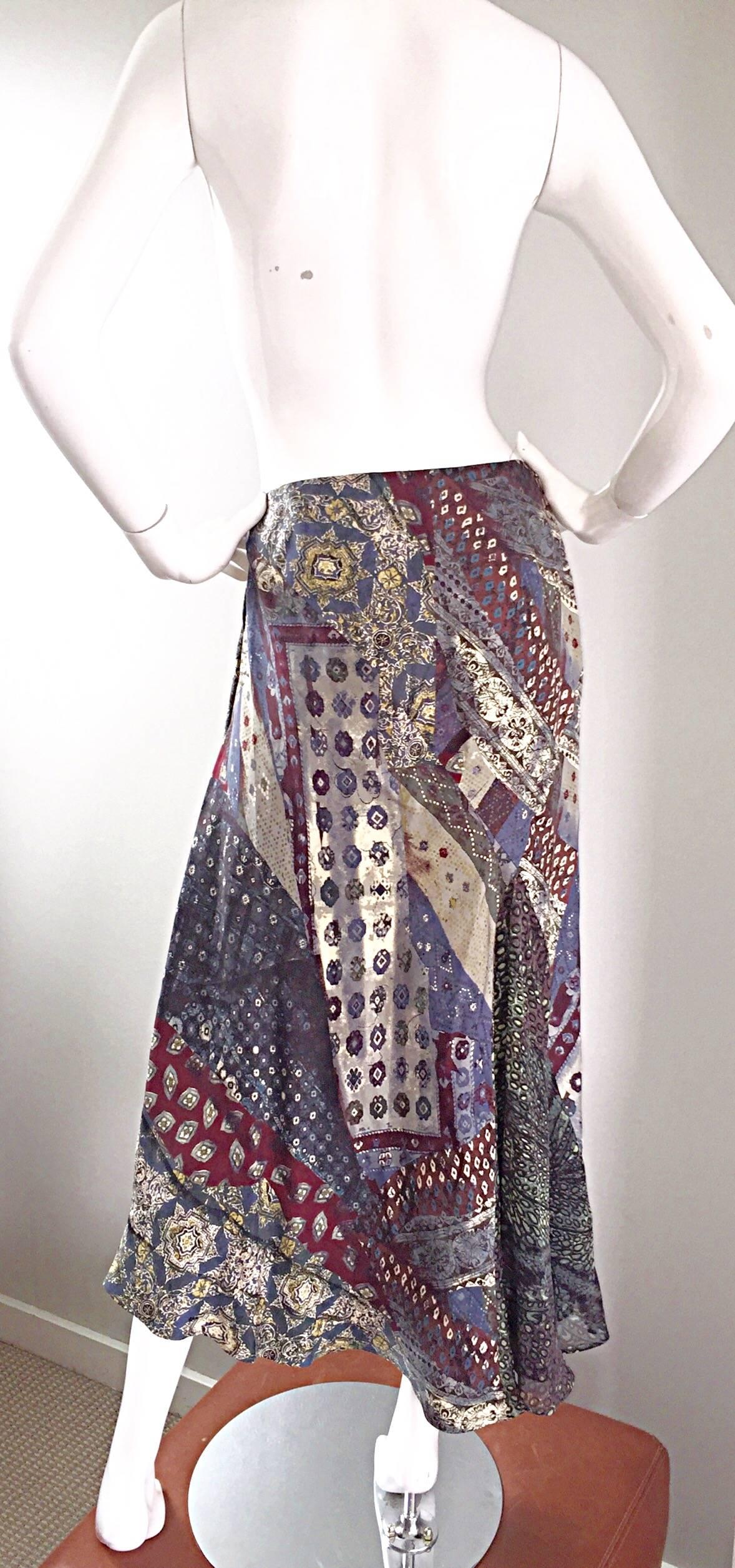 Vintage Kenzo Boho 1970s Asymmetrical French Paisley Printed 70s Silk Skirt 38 In Excellent Condition In San Diego, CA