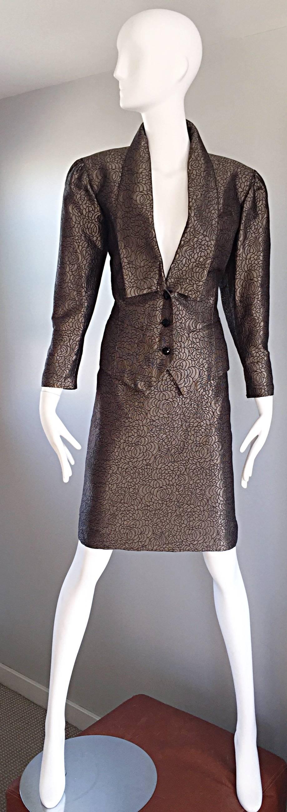 Sensational vintage TED LAPIDUS Haute Couture taupe / bronze and black silk metallic brocade two piece jacket and skirt suit ensemble! Heavy attention to detail with an outstanding tailored fit! 1940s style with a fitted bodice wasp waist, with