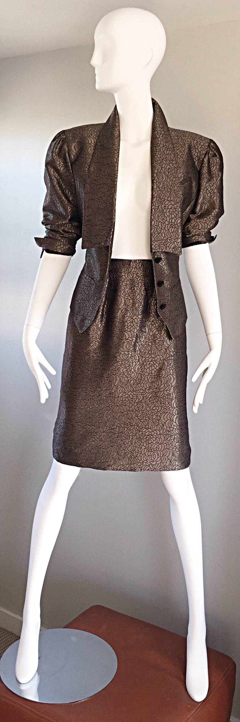Black Ted Lapidus Haute Couture Vintage Taupe Bronze Metallic Fitted Skirt Suit Sz 36 For Sale