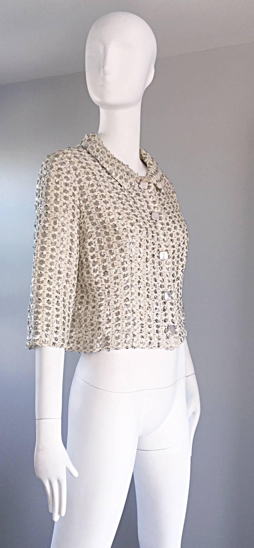 Women's Geoffrey Beene For Teal Traina 1960s Silk Ivory + Silver Sequin Cropped Jacket For Sale