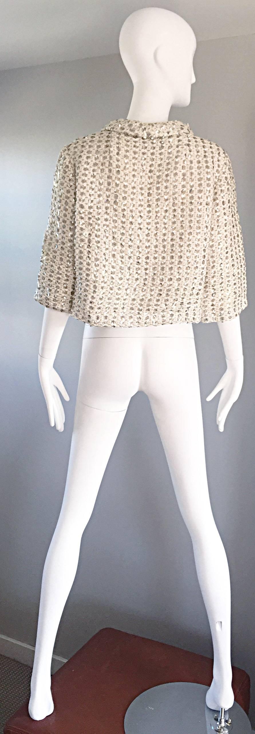 Geoffrey Beene For Teal Traina 1960s Silk Ivory + Silver Sequin Cropped Jacket For Sale 1