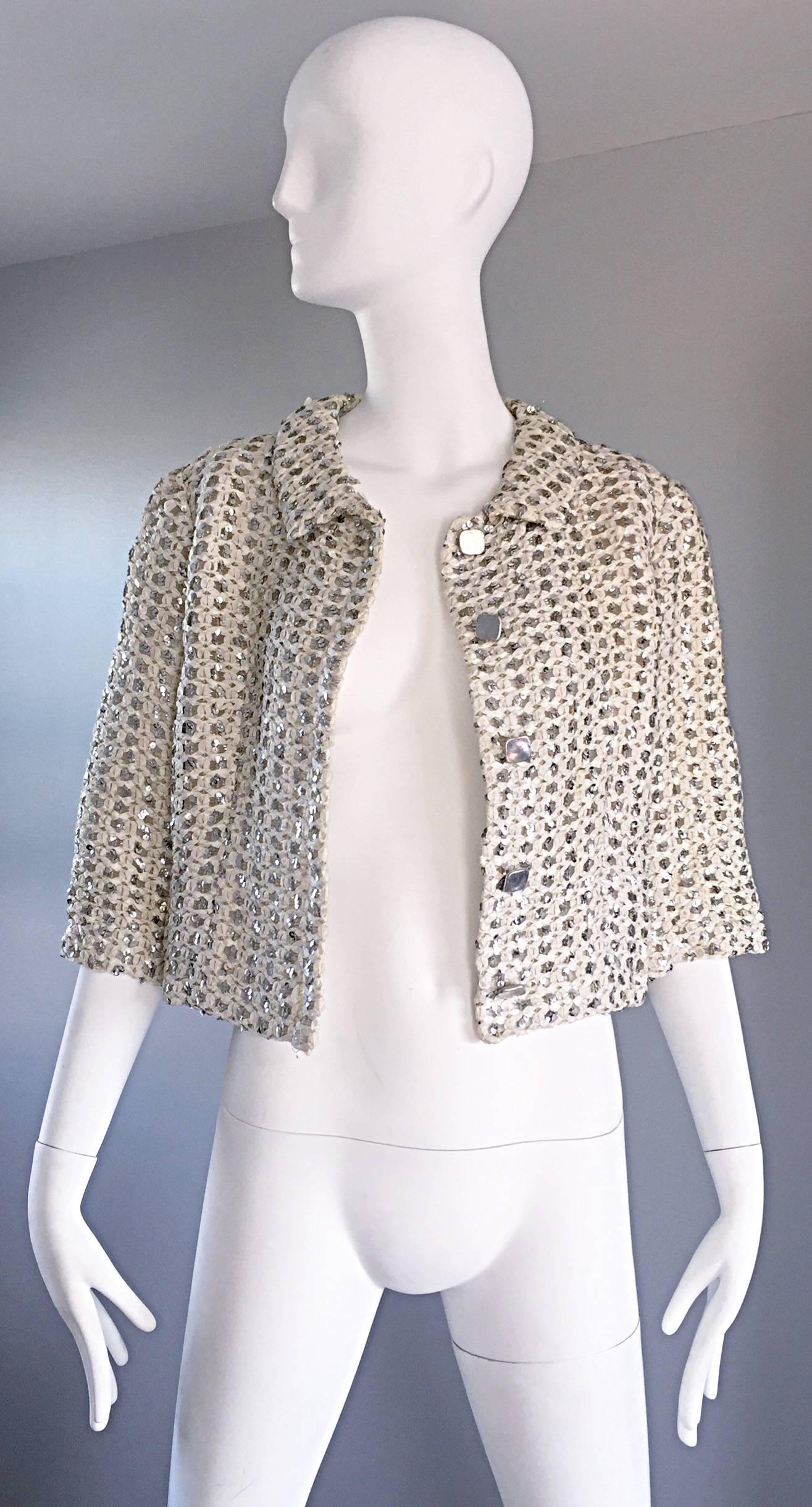 Geoffrey Beene For Teal Traina 1960s Silk Ivory + Silver Sequin Cropped Jacket For Sale 2