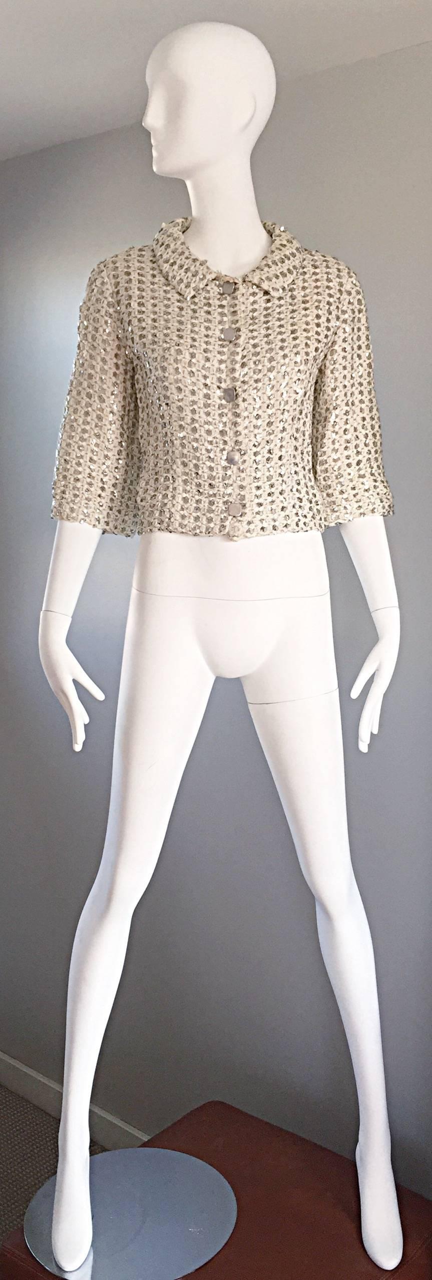 Geoffrey Beene For Teal Traina 1960s Silk Ivory + Silver Sequin Cropped Jacket For Sale 3