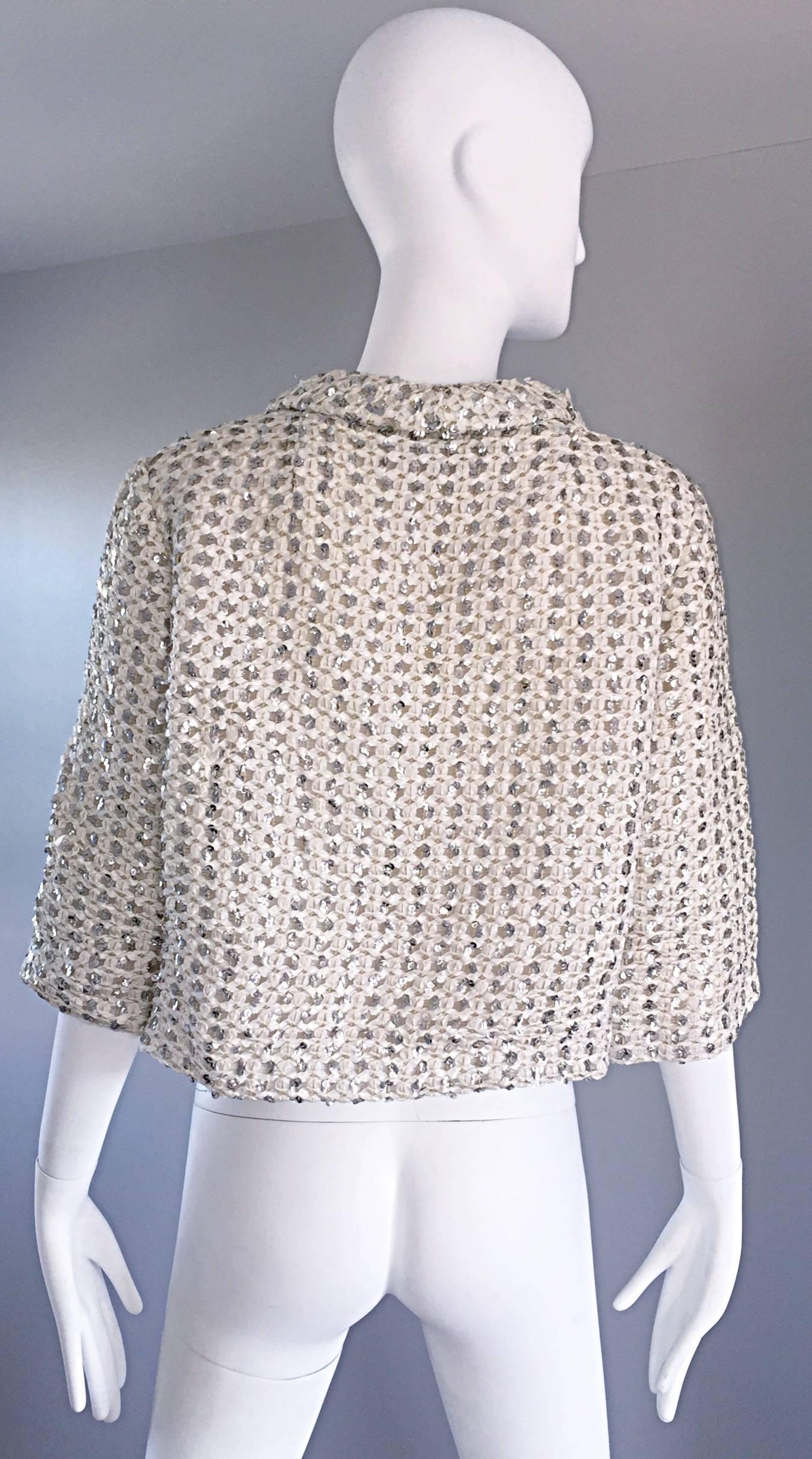 Geoffrey Beene For Teal Traina 1960s Silk Ivory + Silver Sequin Cropped Jacket For Sale 4