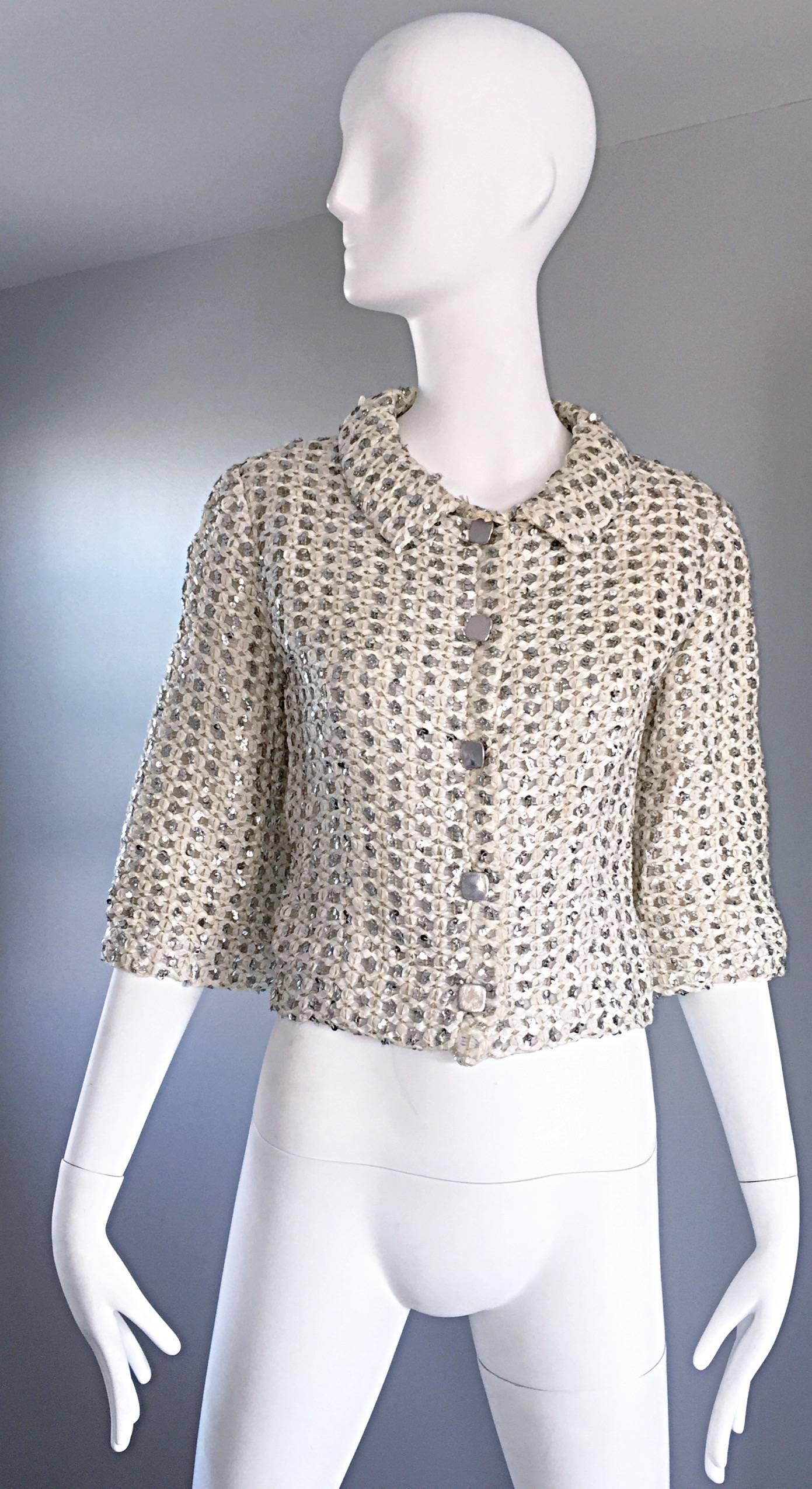 Geoffrey Beene For Teal Traina 1960s Silk Ivory + Silver Sequin Cropped Jacket For Sale 5