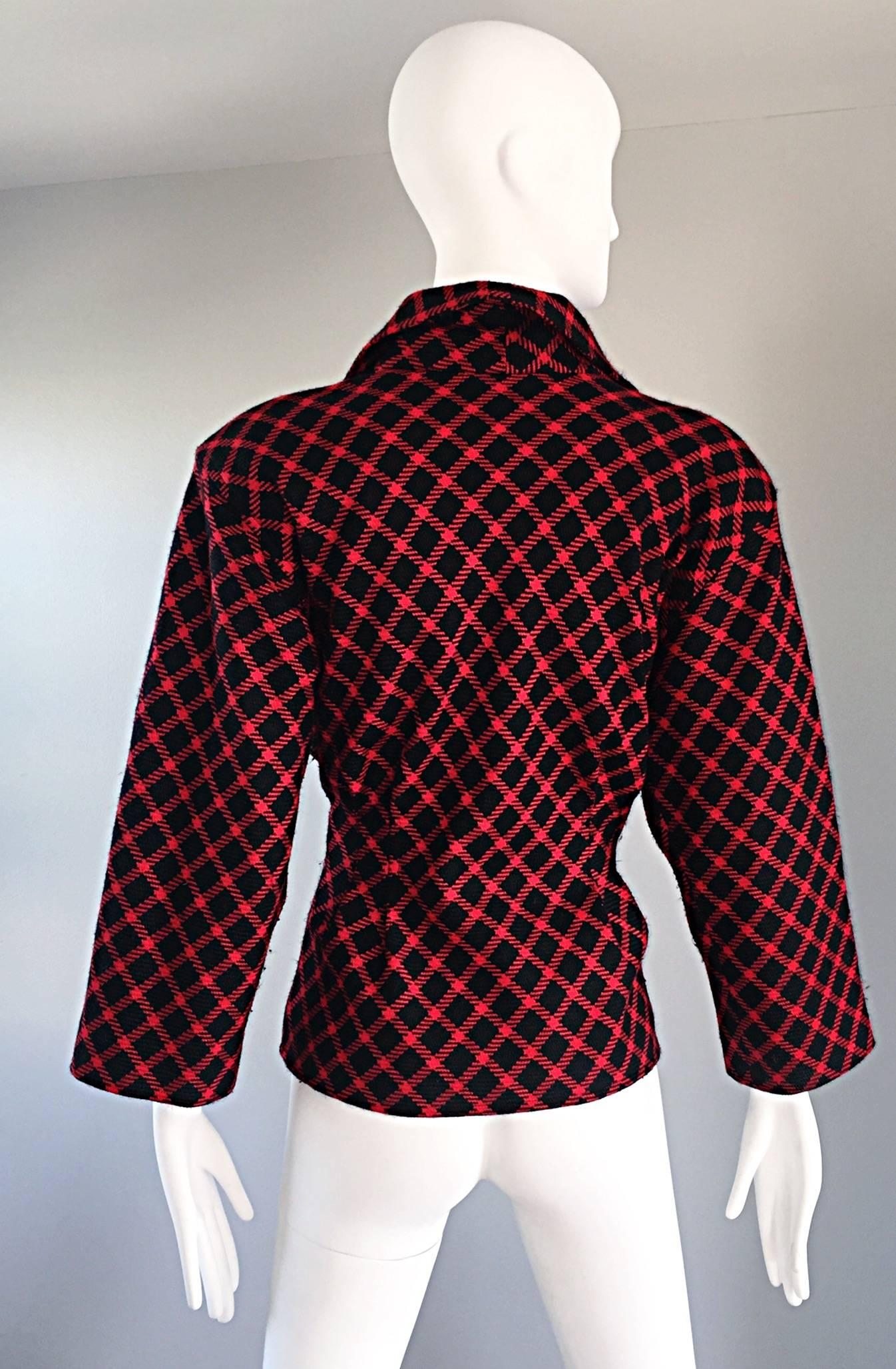 Women's Emanuel Ungaro Vintage 1980s does 1940s Red and Black Plaid Wasp Waist Jacket 8