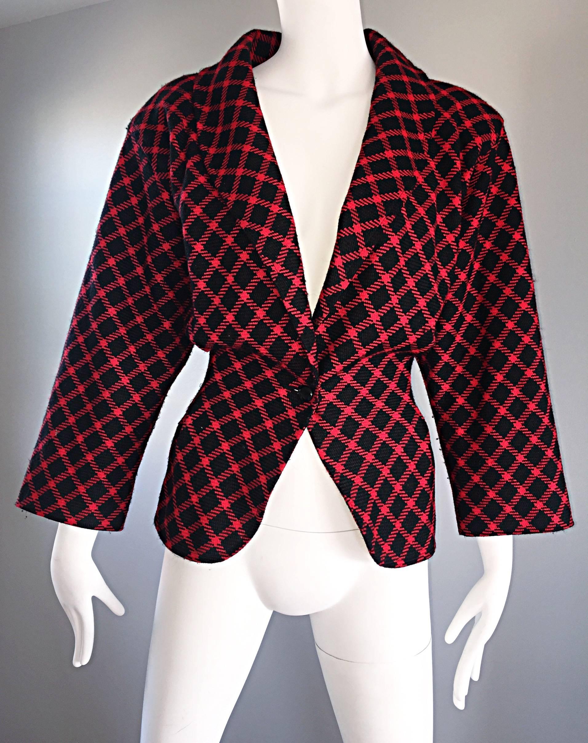 Emanuel Ungaro Vintage 1980s does 1940s Red and Black Plaid Wasp Waist Jacket 8 1
