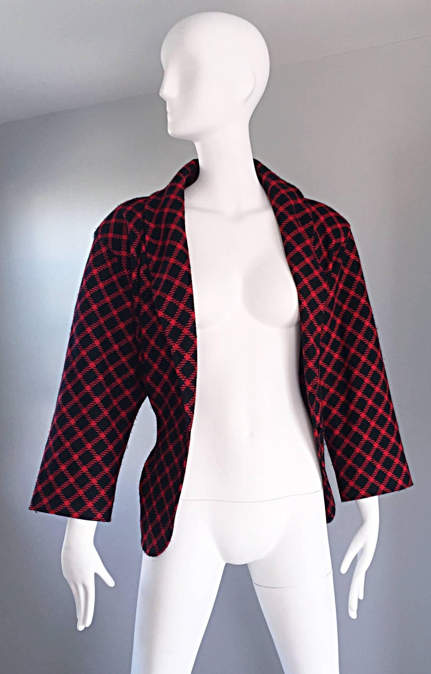 Emanuel Ungaro Vintage 1980s does 1940s Red and Black Plaid Wasp Waist Jacket 8 2