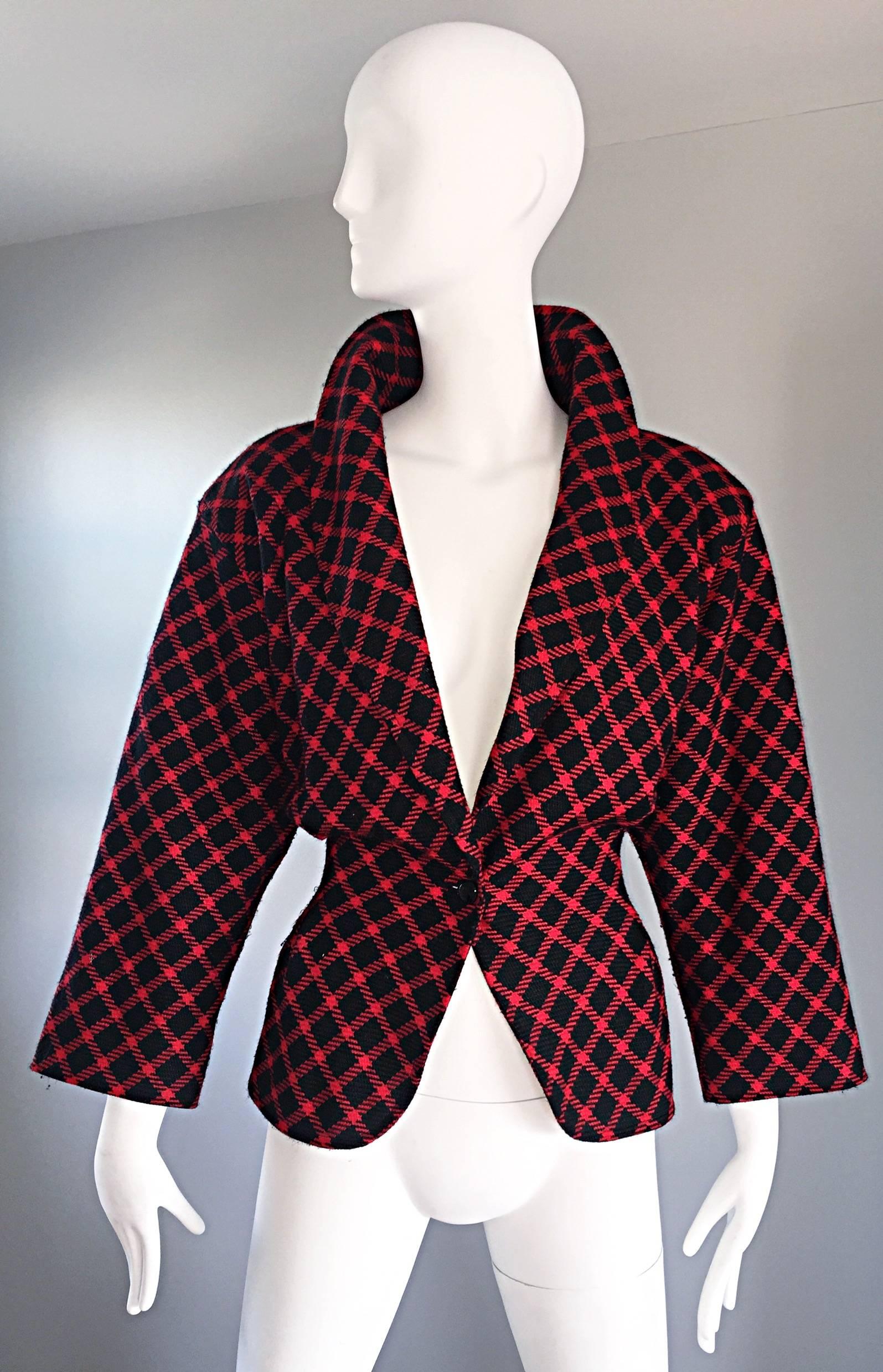 Emanuel Ungaro Vintage 1980s does 1940s Red and Black Plaid Wasp Waist Jacket 8 3