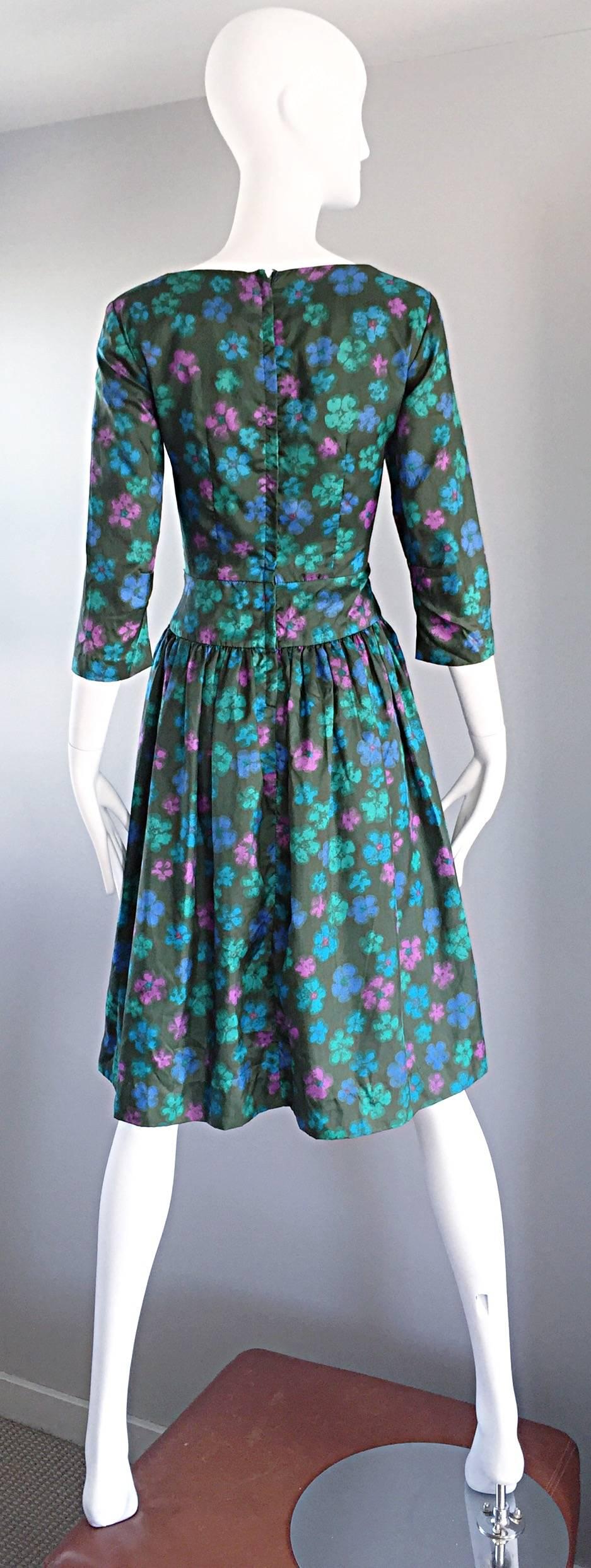 Carole King Vintage 1950s Green Watercolor Floral Silk 3/4 Sleeves 50s Dress  Pour femmes en vente