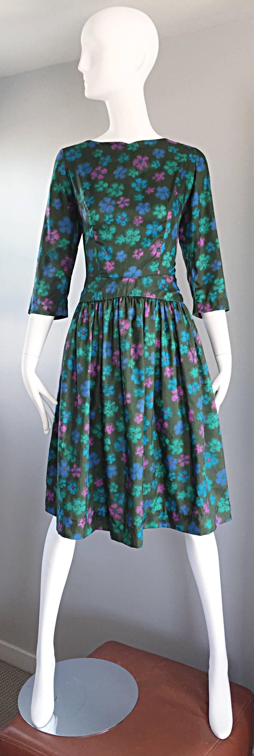 Carole King Vintage 1950s Green Watercolor Floral Silk 3/4 Sleeves 50s Dress  For Sale 2