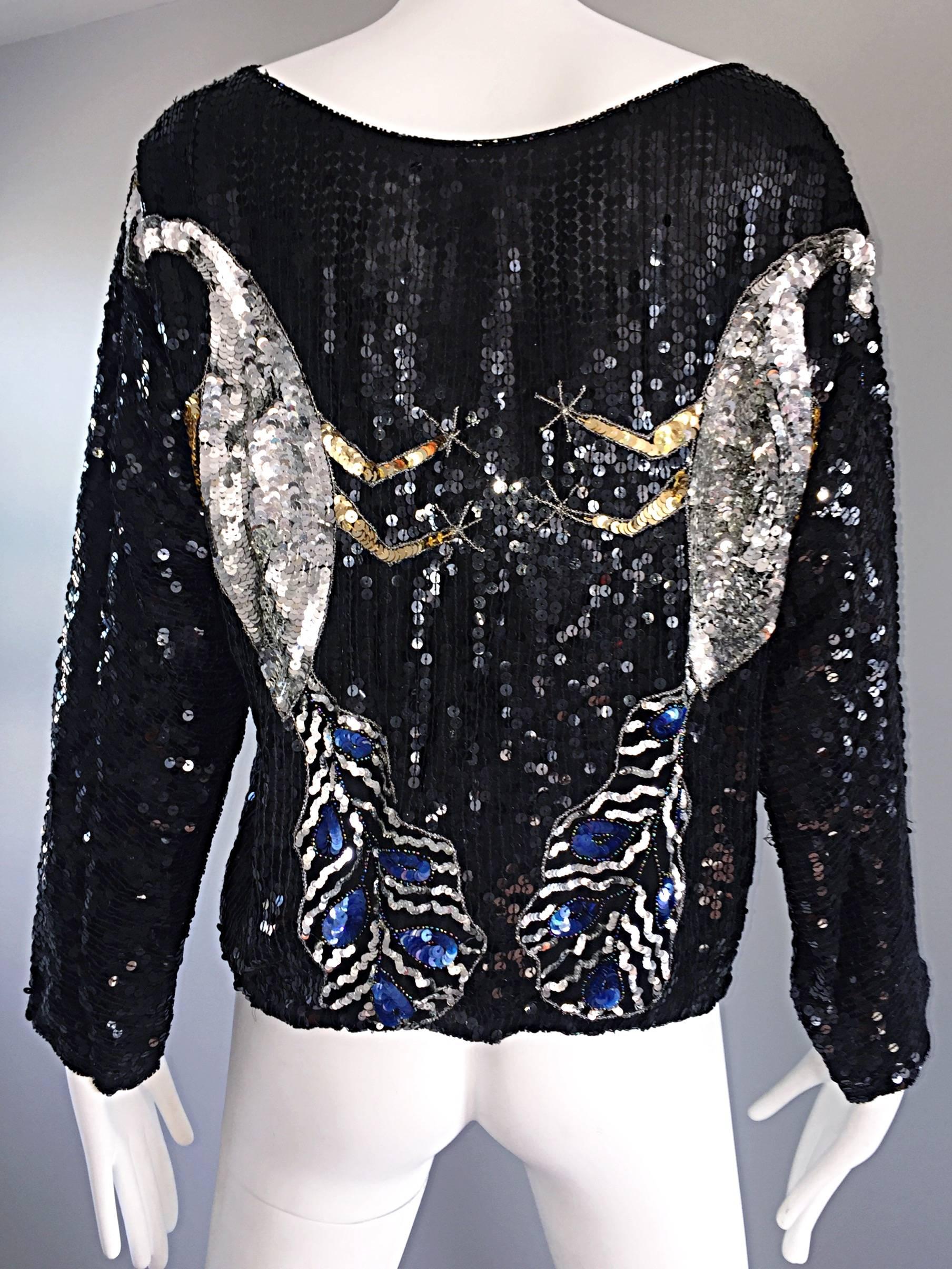 Amazing Vintage Fully Sequined ' Peacocks ' Black Silk Long SLeeve Blouse Top  3