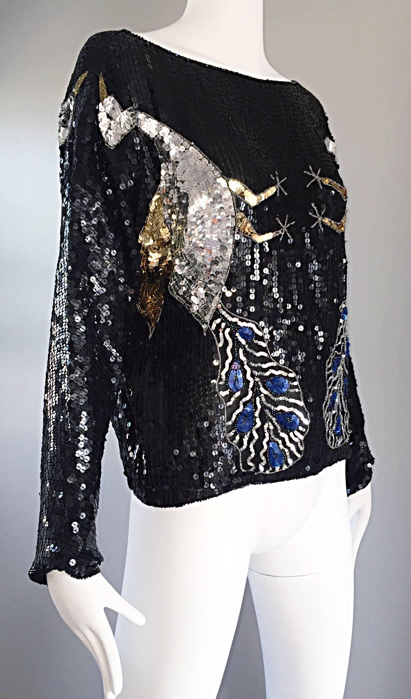 Women's Amazing Vintage Fully Sequined ' Peacocks ' Black Silk Long SLeeve Blouse Top 