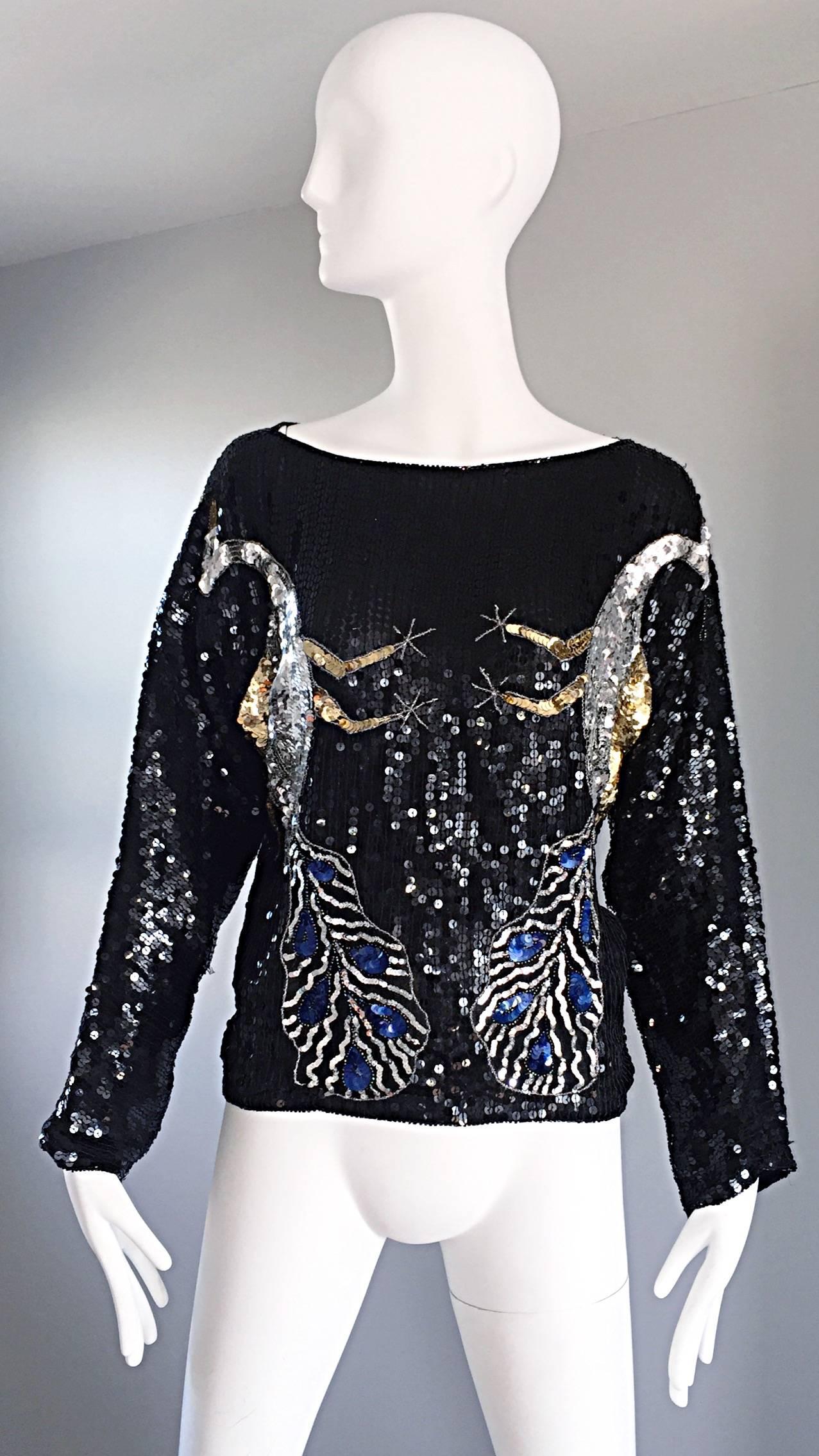 Amazing Vintage Fully Sequined ' Peacocks ' Black Silk Long SLeeve Blouse Top  1
