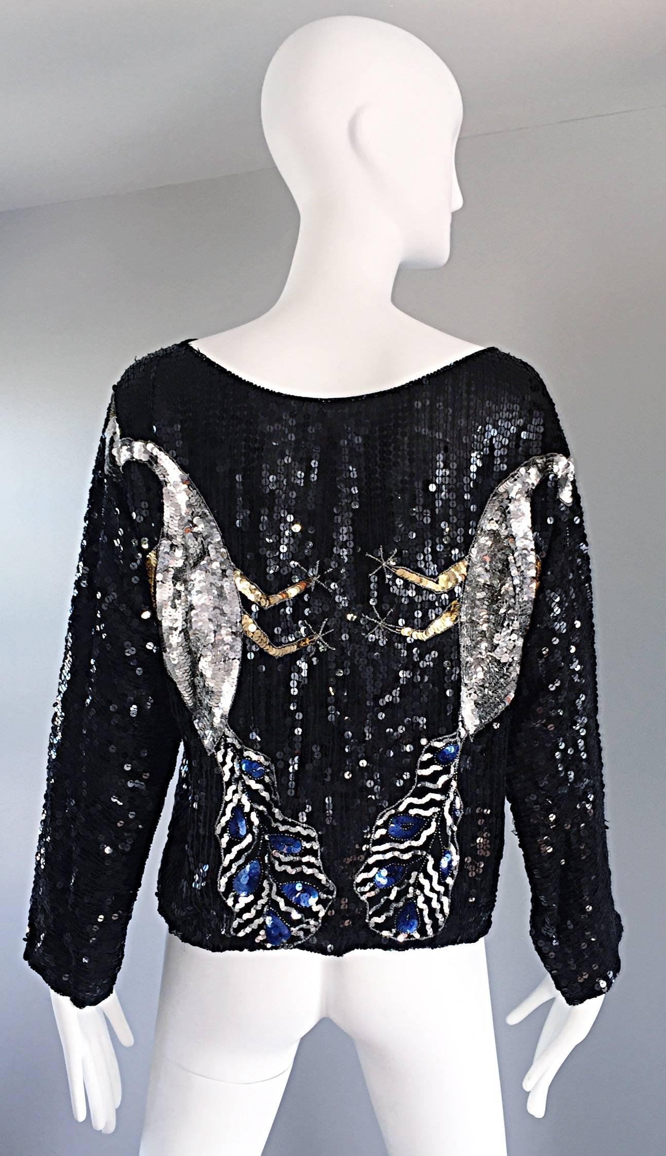 Amazing Vintage Fully Sequined ' Peacocks ' Black Silk Long SLeeve Blouse Top  In Excellent Condition In San Diego, CA