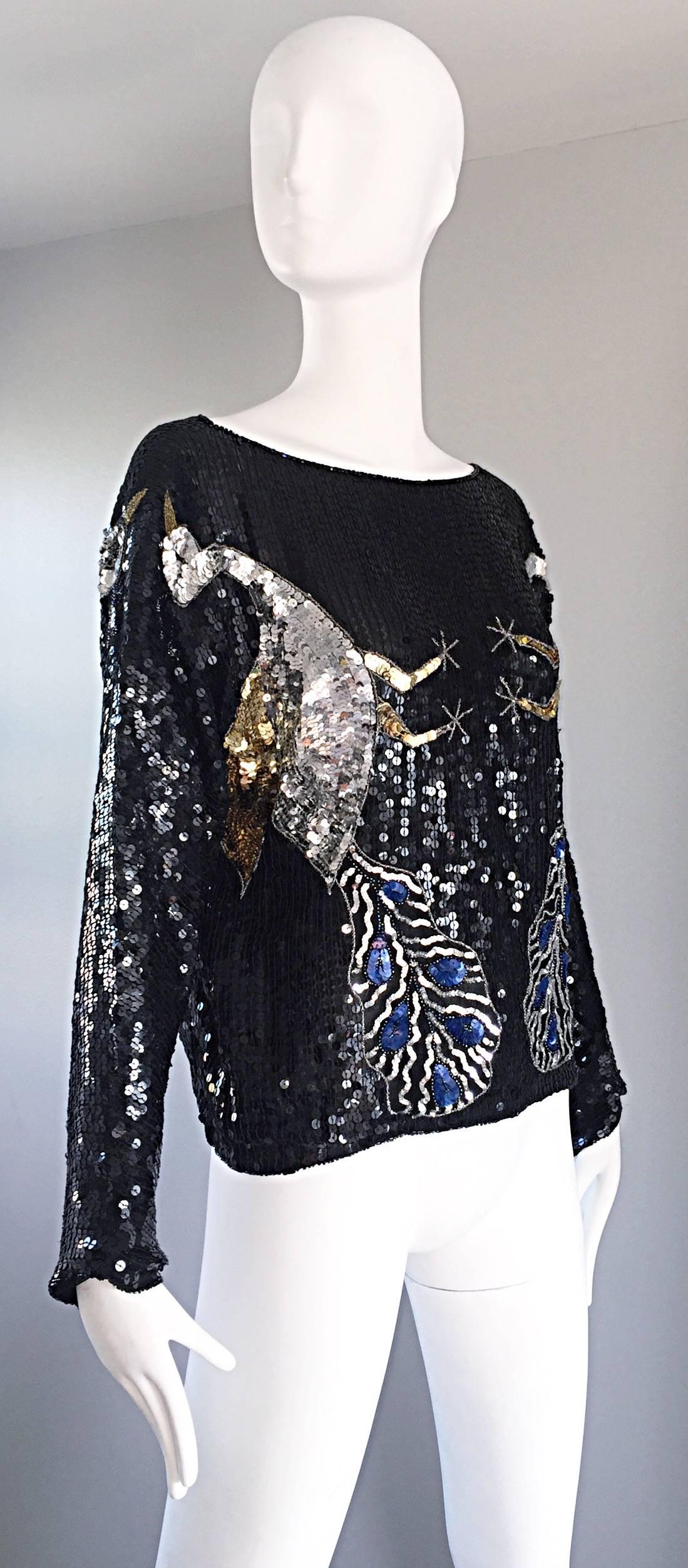 Amazing Vintage Fully Sequined ' Peacocks ' Black Silk Long SLeeve Blouse Top  2