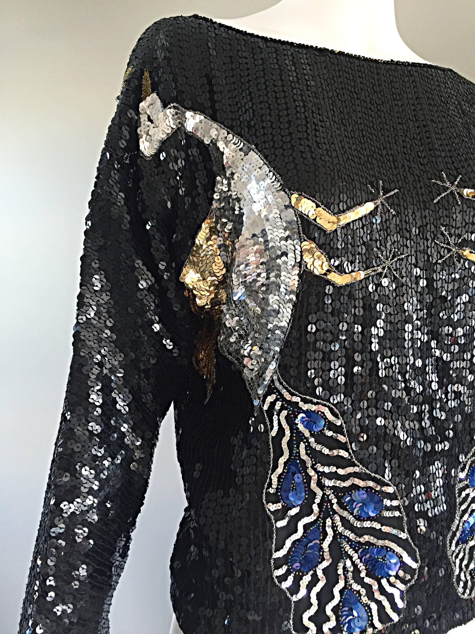 Amazing Vintage Fully Sequined ' Peacocks ' Black Silk Long SLeeve Blouse Top  4