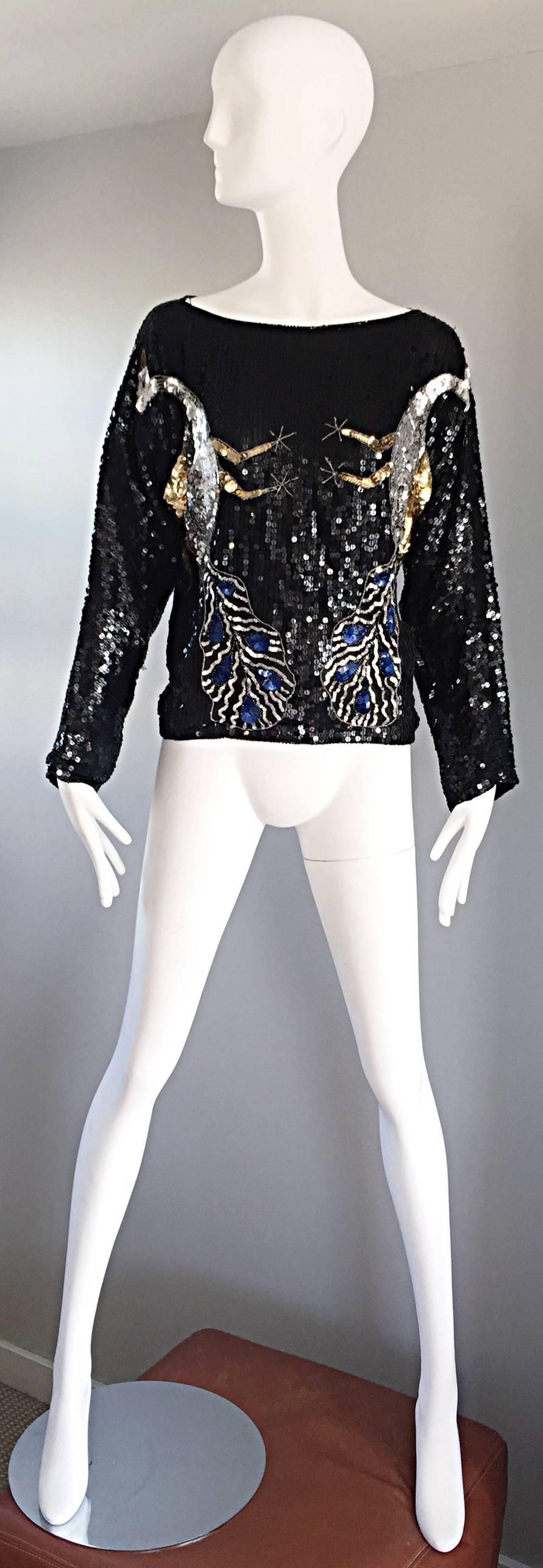 Amazing Vintage Fully Sequined ' Peacocks ' Black Silk Long SLeeve Blouse Top  5