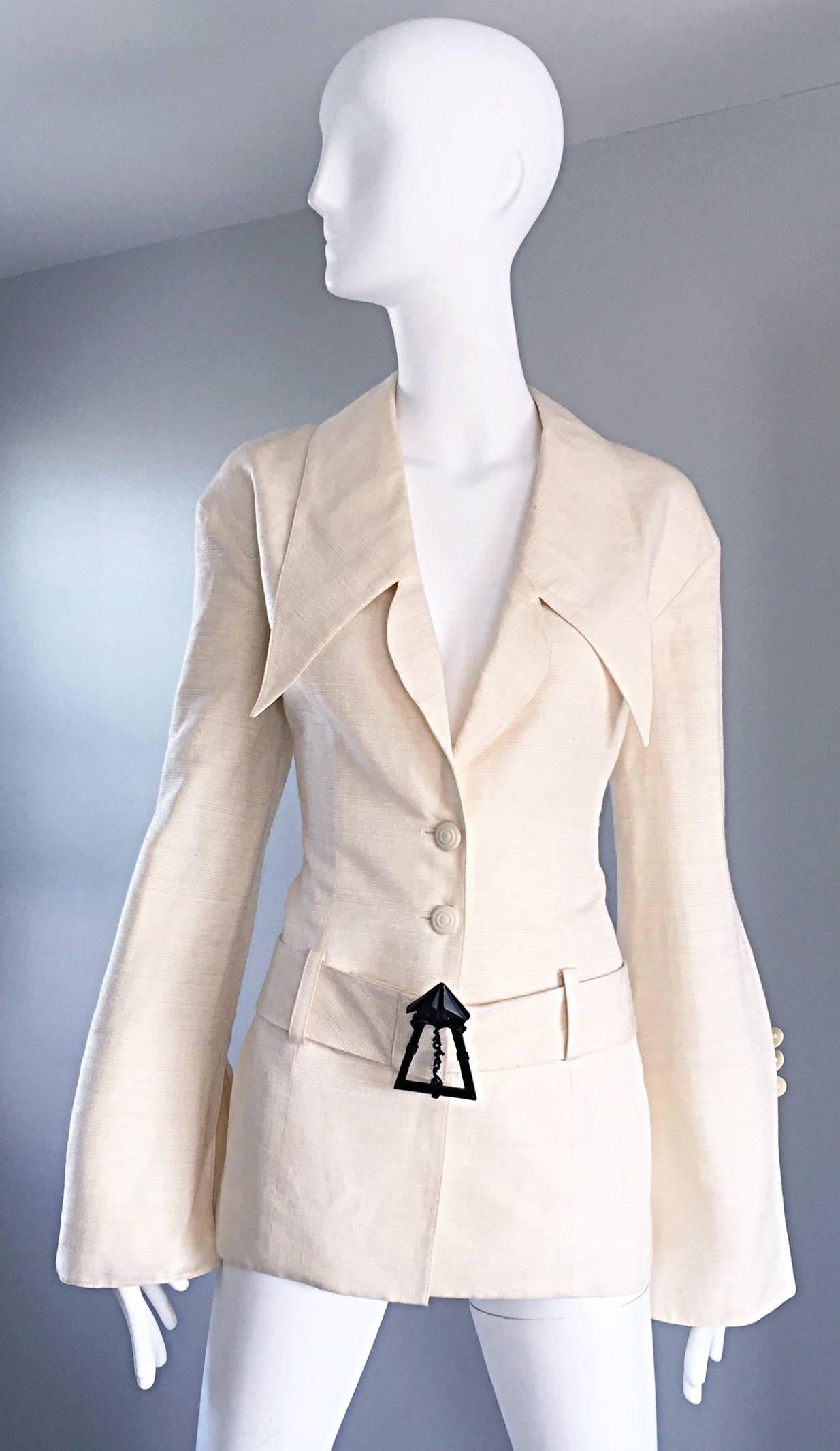 Incredible vintage KARL LAGERFELD for NEIMAN MARCUS ivory / off-white silk shantung belted jacket! Features amazing oversized collars, with chic bell sleeves. Detachable belt features a clock tower spelling out 'Lagerfeld.' Buttons up the bodice,
