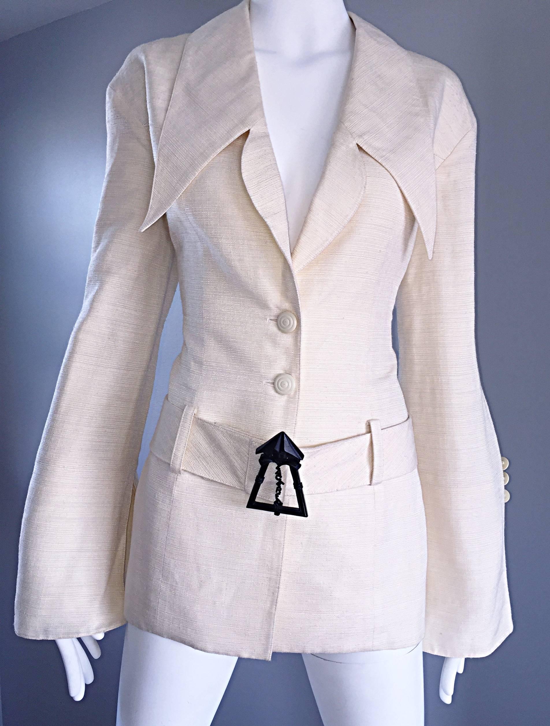 Beige Vintage Karl Lagerfeld Ivory Shantung Silk Avant Garde ' Clock Tower ' Jacket