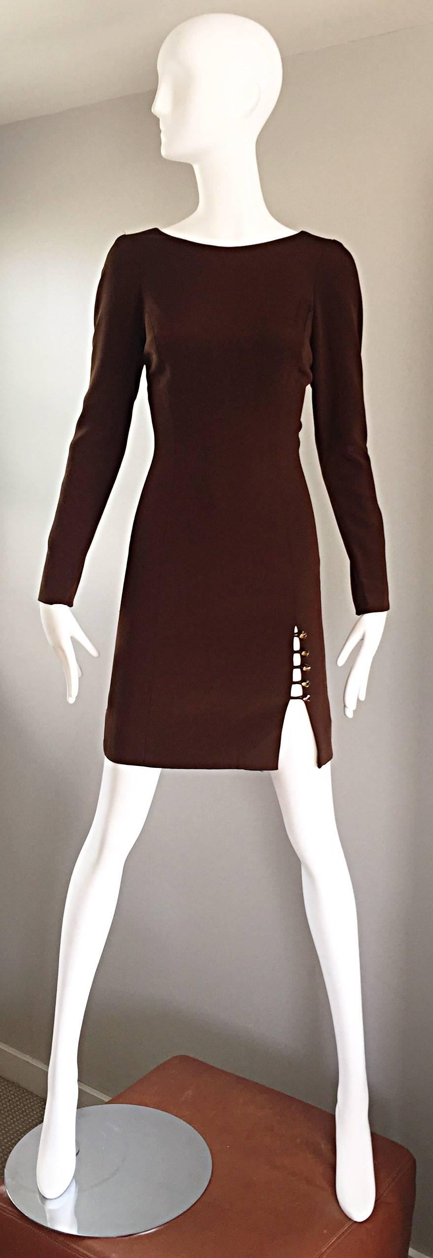 Brand new early 90s JAMES PURCELL silk dress, with original SAKS FIFTH AVENUE tags. Rich chocolate brown color is the perfect alternative to the little black dress. Typical of all James Purcell pieces, this dress is impeccably constructed, with a