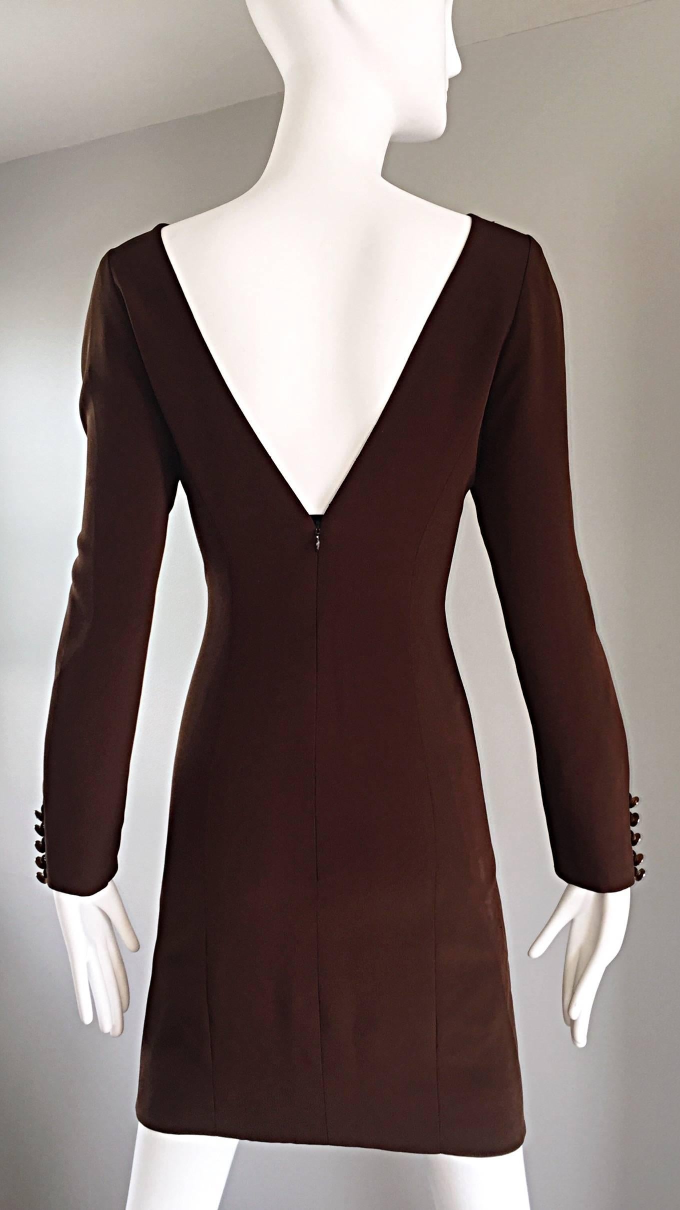 Women's NWT Vintage James Purcell Size 6 1990s Brown Long Sleeve Silk Crystal Dress