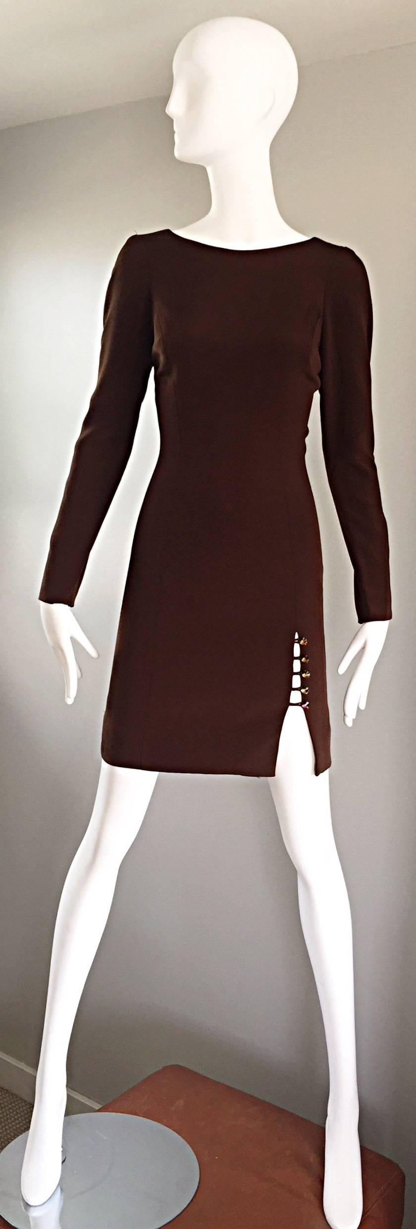 NWT Vintage James Purcell Size 6 1990s Brown Long Sleeve Silk Crystal Dress 2