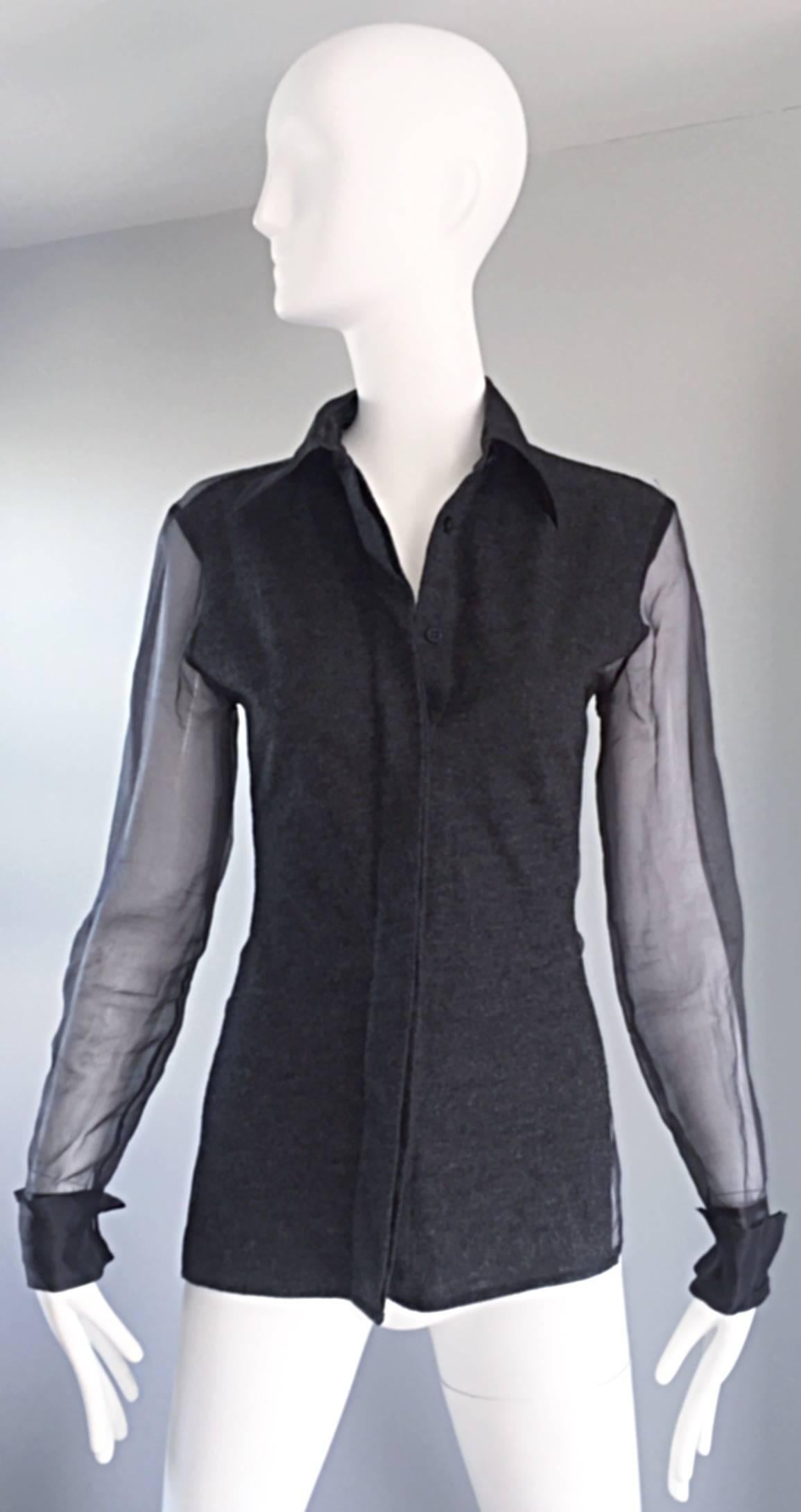 Sexy, yet sophisticated vintage GIANFRANCO FERRE charcoal gray Virgin wool and silk chiffon semi sheer blouse! Features a grey wool front with grey silk chiffon sleeves and sheer chiffon back, and collar. A chic take on the classic button up.