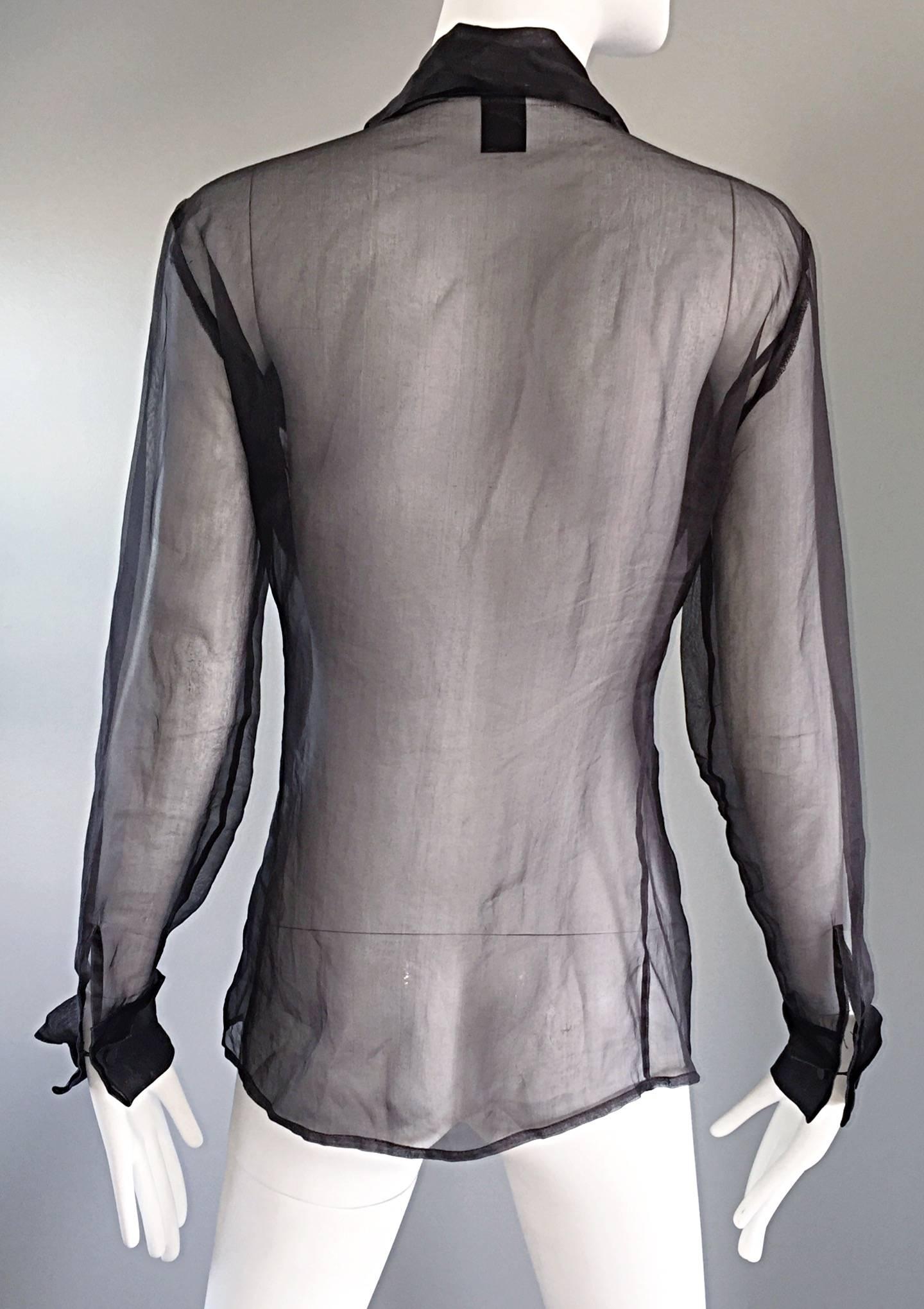 Black Vintage Gianfranco Ferre 1990s Charcoal Grey Wool + Chiffon Long SLeeve Blouse For Sale