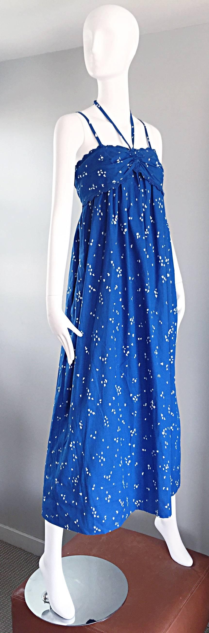 Women's Bill Tice For I Magnin 1970s Hand Painted Blue + White 70s Halter Maxi Dress 