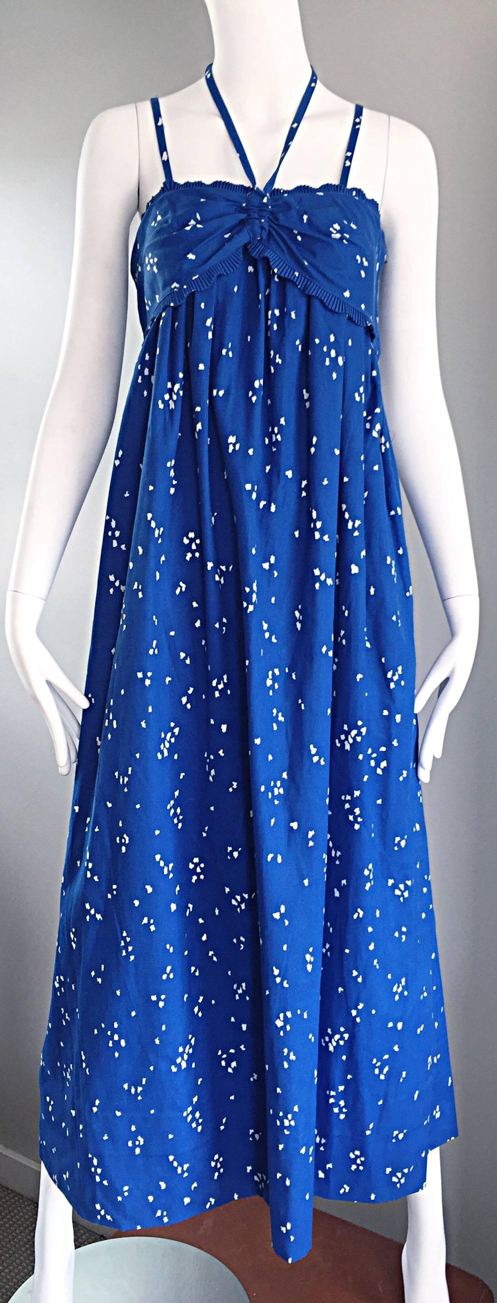 Bill Tice For I Magnin 1970s Hand Painted Blue + White 70s Halter Maxi Dress  2