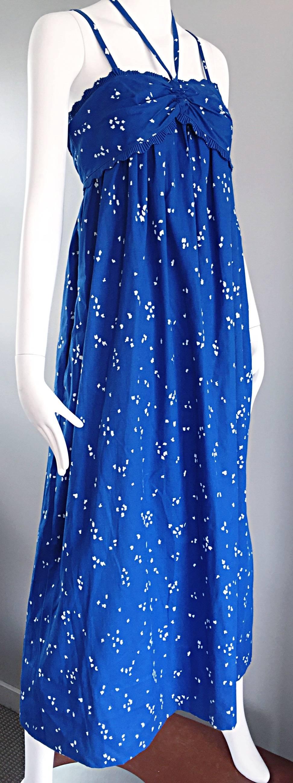 Bill Tice For I Magnin 1970s Hand Painted Blue + White 70s Halter Maxi Dress  3