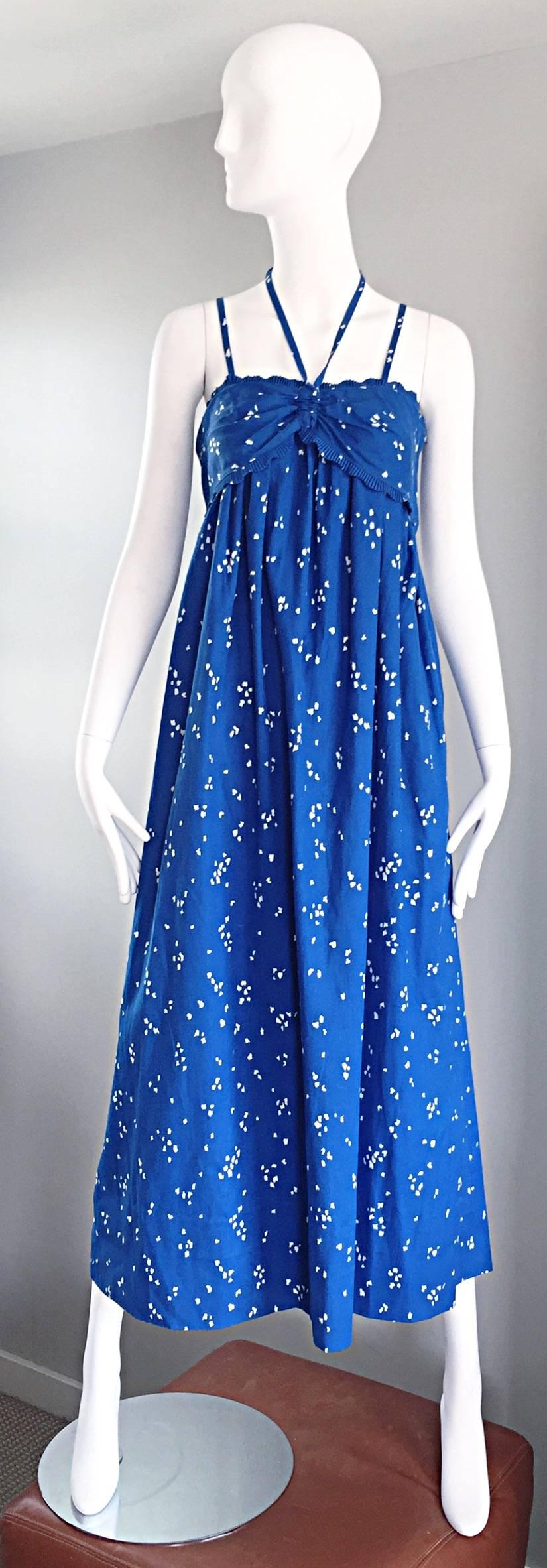Bill Tice For I Magnin 1970s Hand Painted Blue + White 70s Halter Maxi Dress  5