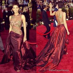 Halle Berry's Iconic Elie Saab 2002 Oscar Gown Taupe Silk Embroidered Taffeta