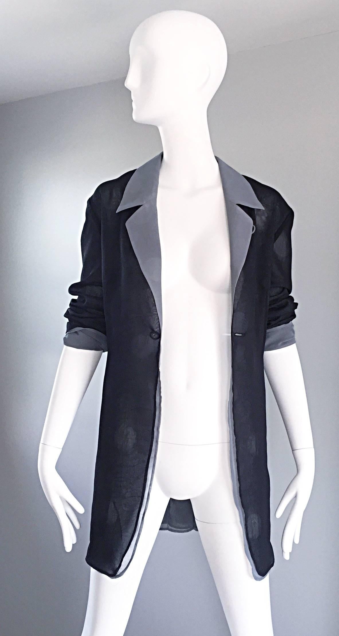 Avant Garde vintage 1990s Japanese MATSUDA blazer jacket! Features a grey chiffon underlay with black chiffon on top. Black features semi sheer polka dots that reveal the gray from underneath. Can be worn as a chic jacket or blazer! Button below
