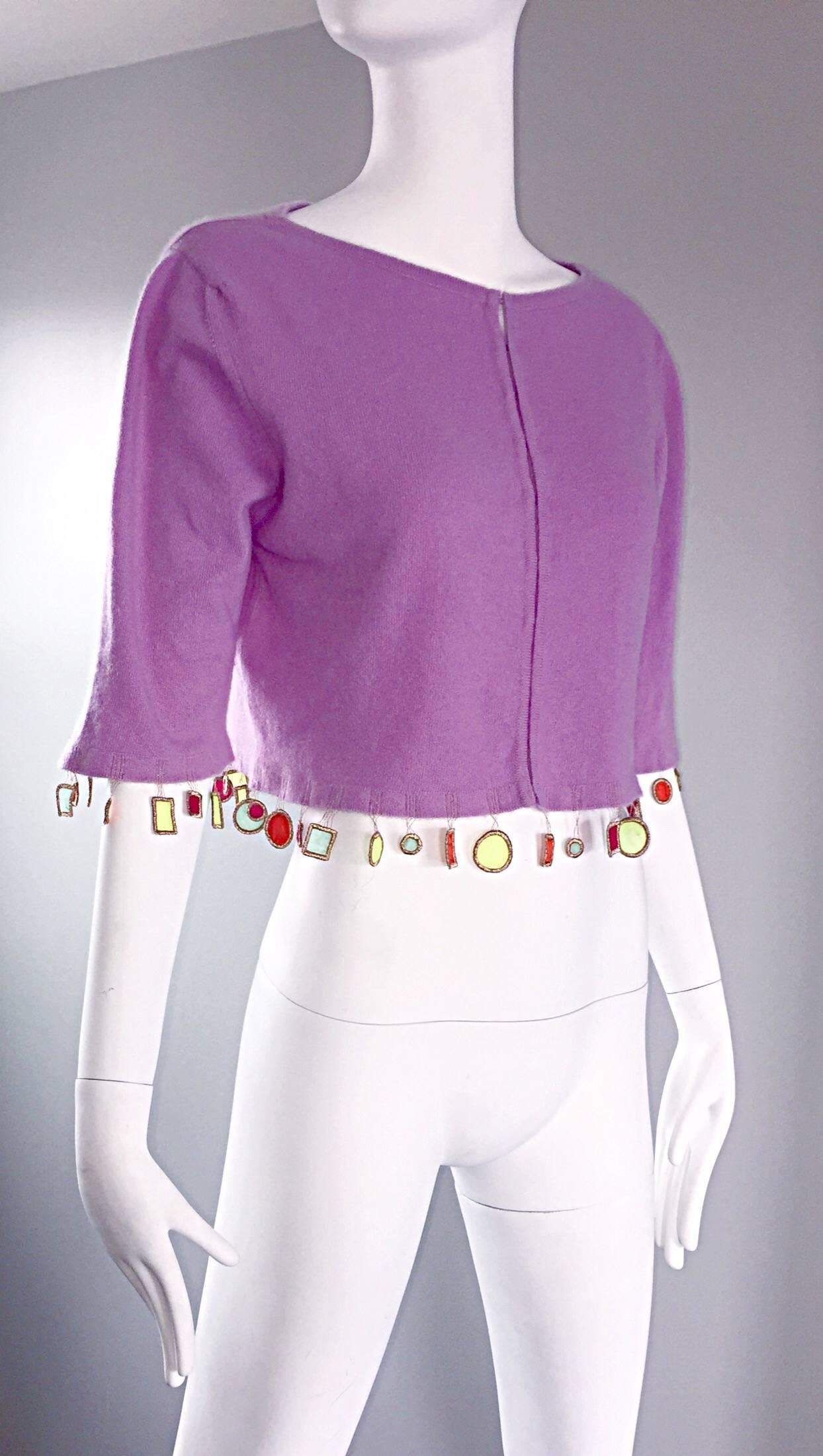 Mathew Williamson Whimsical Lilac Purple Cashmere 3/4 Sleeve Cropped Cardigan  In Excellent Condition For Sale In San Diego, CA