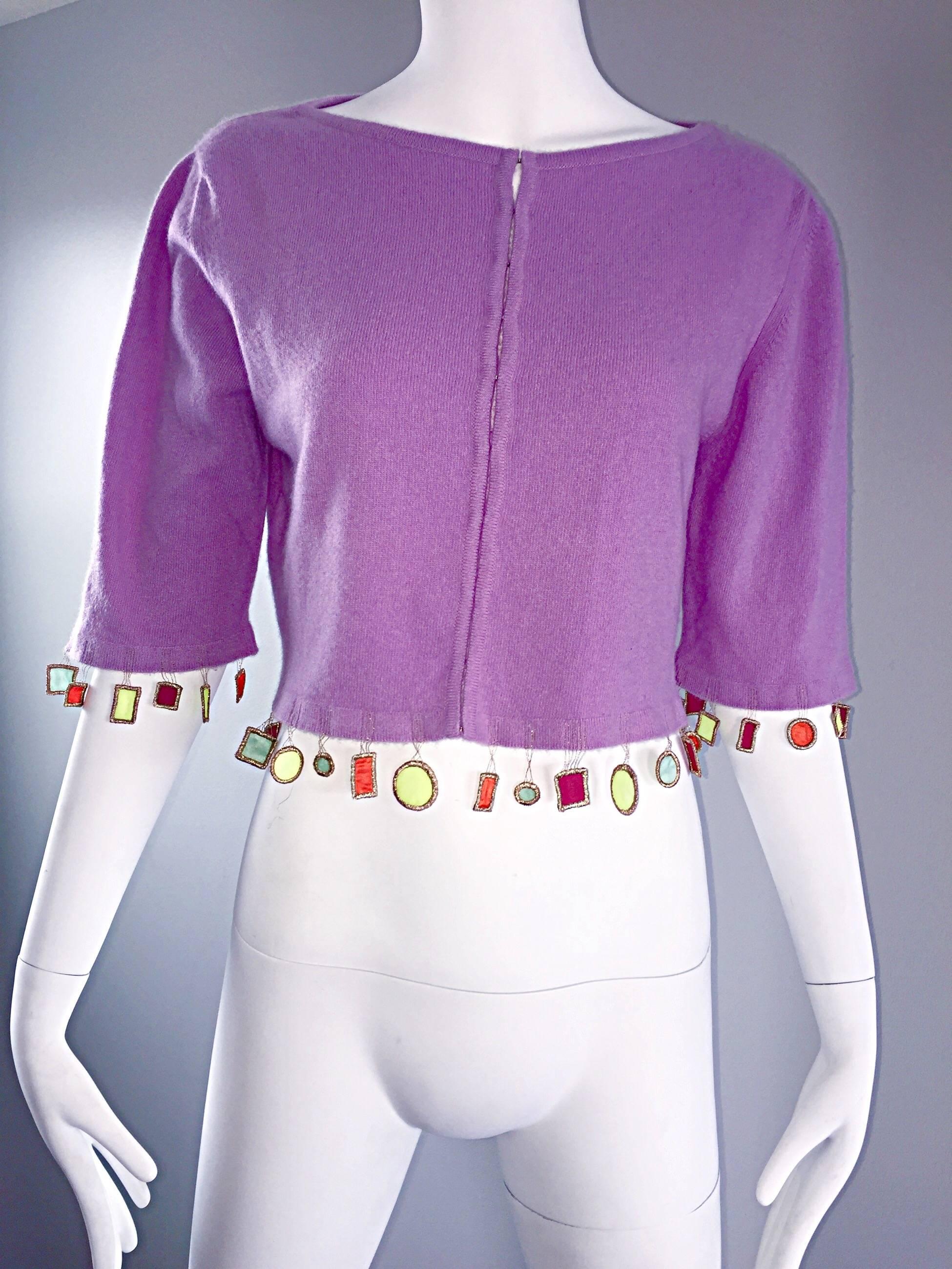 Women's Mathew Williamson Whimsical Lilac Purple Cashmere 3/4 Sleeve Cropped Cardigan  For Sale