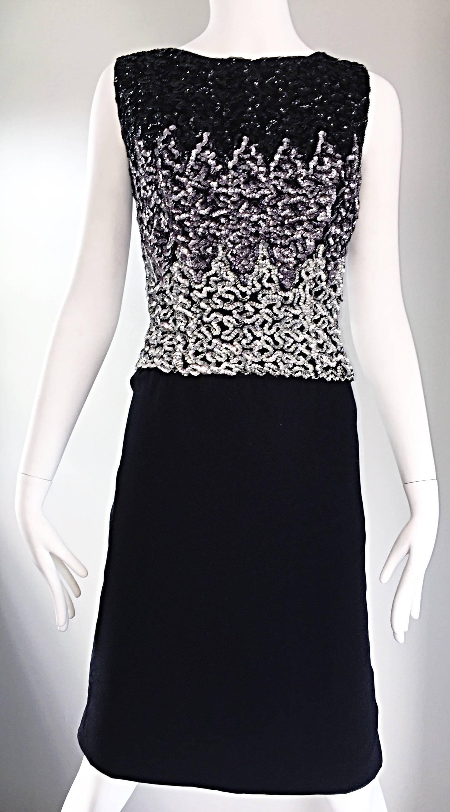Beautiful Vintage 1950s Black and Silver Sequined Crepe 50s Wiggle Shift Dress  For Sale 1